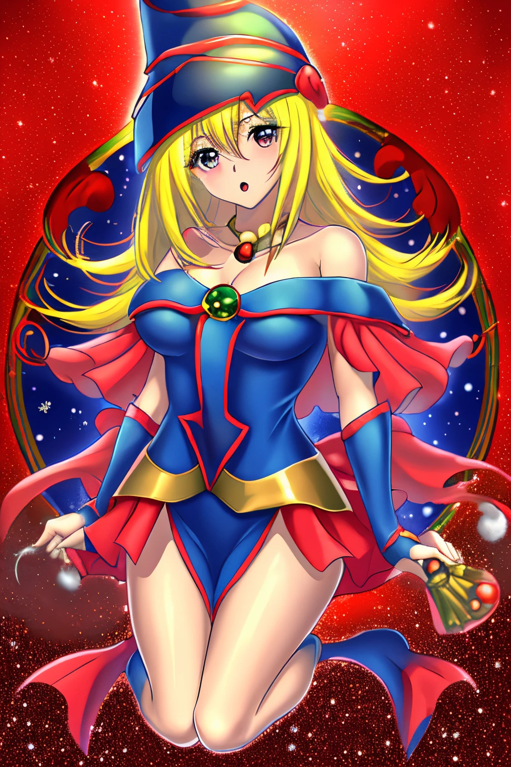 Dark magician gils christmas version. Ojos azules. Cabello rubio, labios rojos. Vestida con un traje de Santa Claus sexy. Minifalda roja. Capa blanca, blusa roja, sombrero roja de navidad, en el trineo de Santa Claus. Fondos de estrellas y nieve callendo del cielo. Pose sejustiva y sensual y sexy.