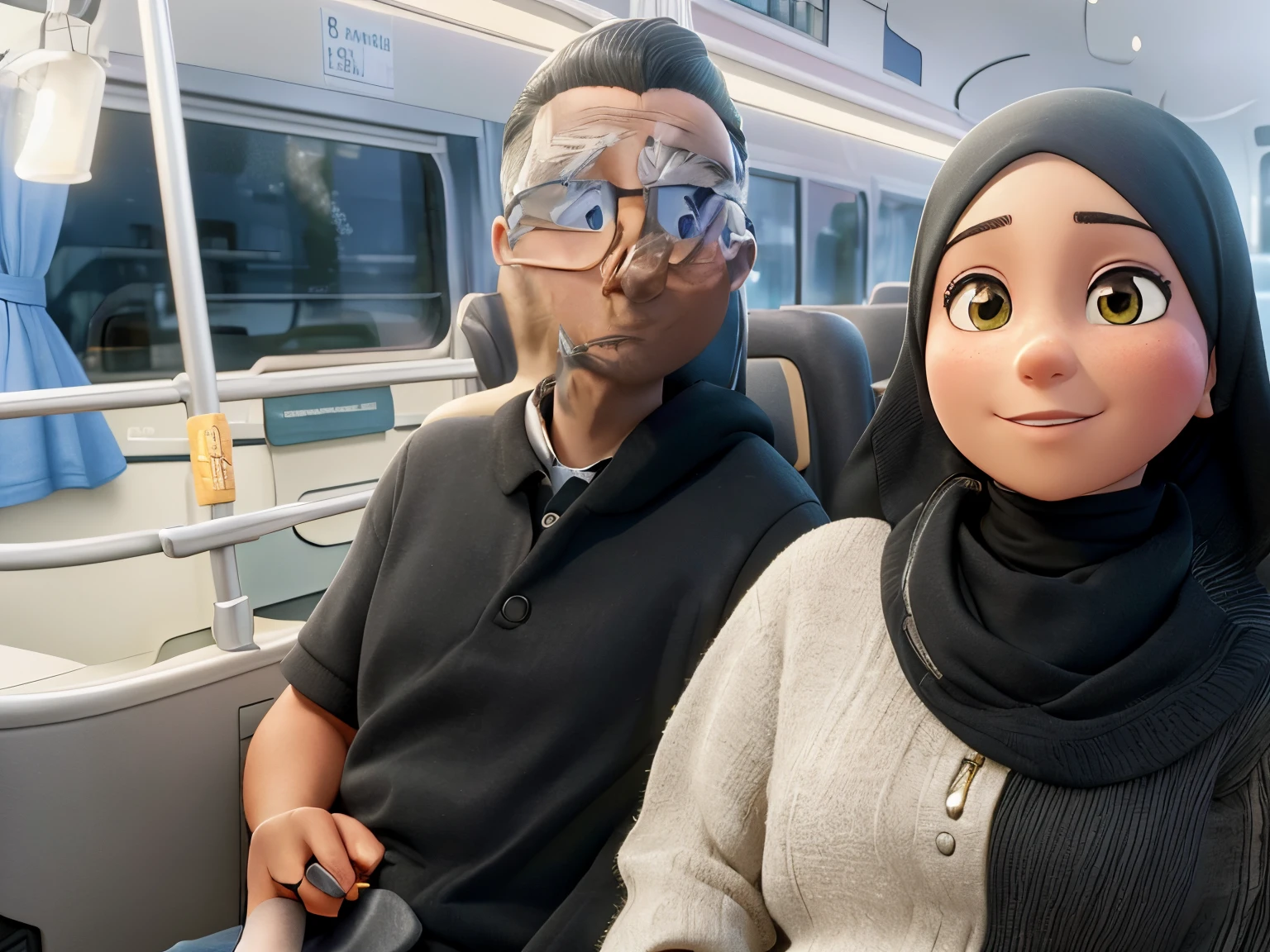 there are two people sitting on a bus together, lovely couple, facebook post, girlfriend and boyfriend, photo taken in 2 0 2 0, couple, happy couple, girl wearing hijab, boy has short hair with a nice spike, back to us, ghutra and egal, at sunrise, public bus, photograph taken in 2 0 2 0, shot on nikon z9, profile image, black hair, Surrealism, 8k, super detail