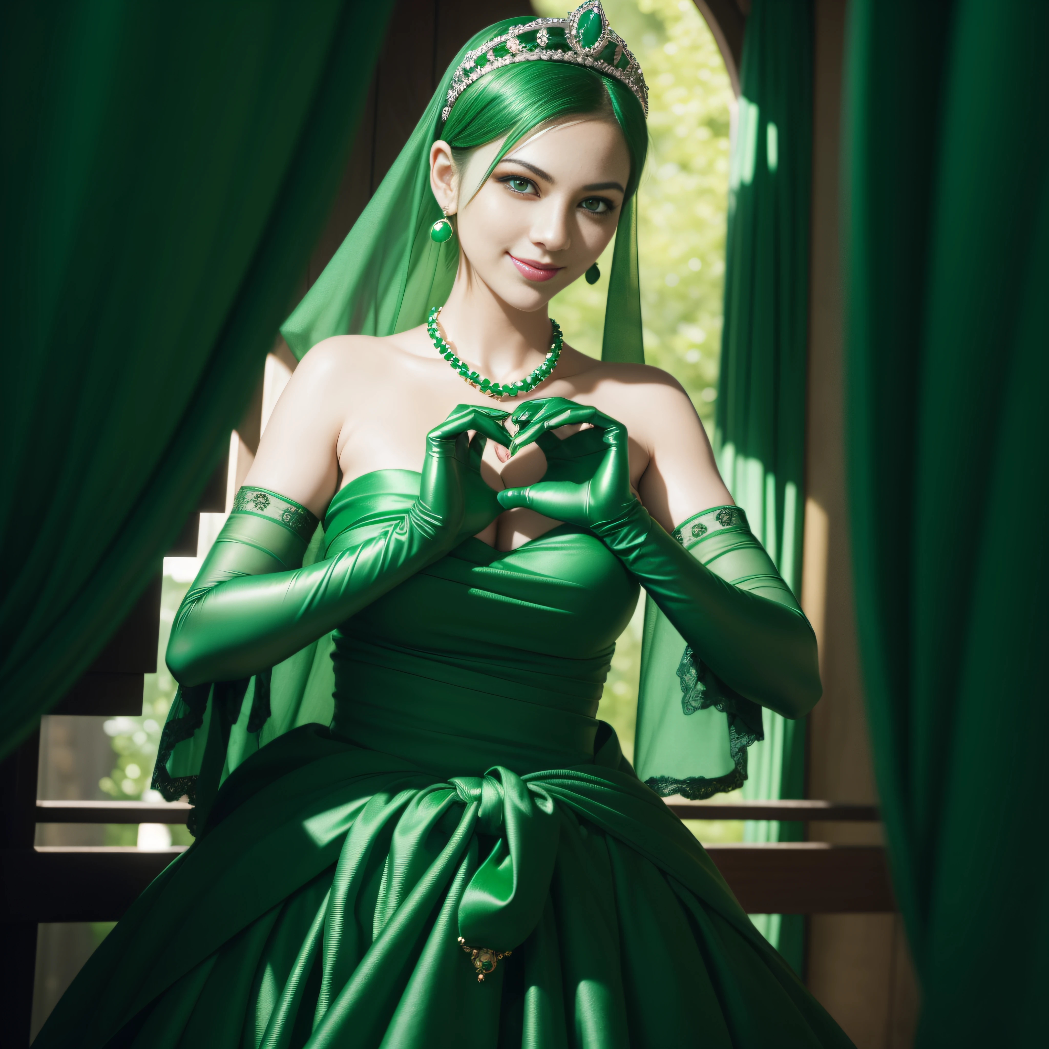 emerald tiara, Green Pearl Necklace, Boyish very short green hair, lipsticks, Japan woman smiling, very short short hair, big breasts beautiful, Green eyes, Long green gloves made of satin material, Green eyes, Emerald Earrings, green vale, Heart with both hands