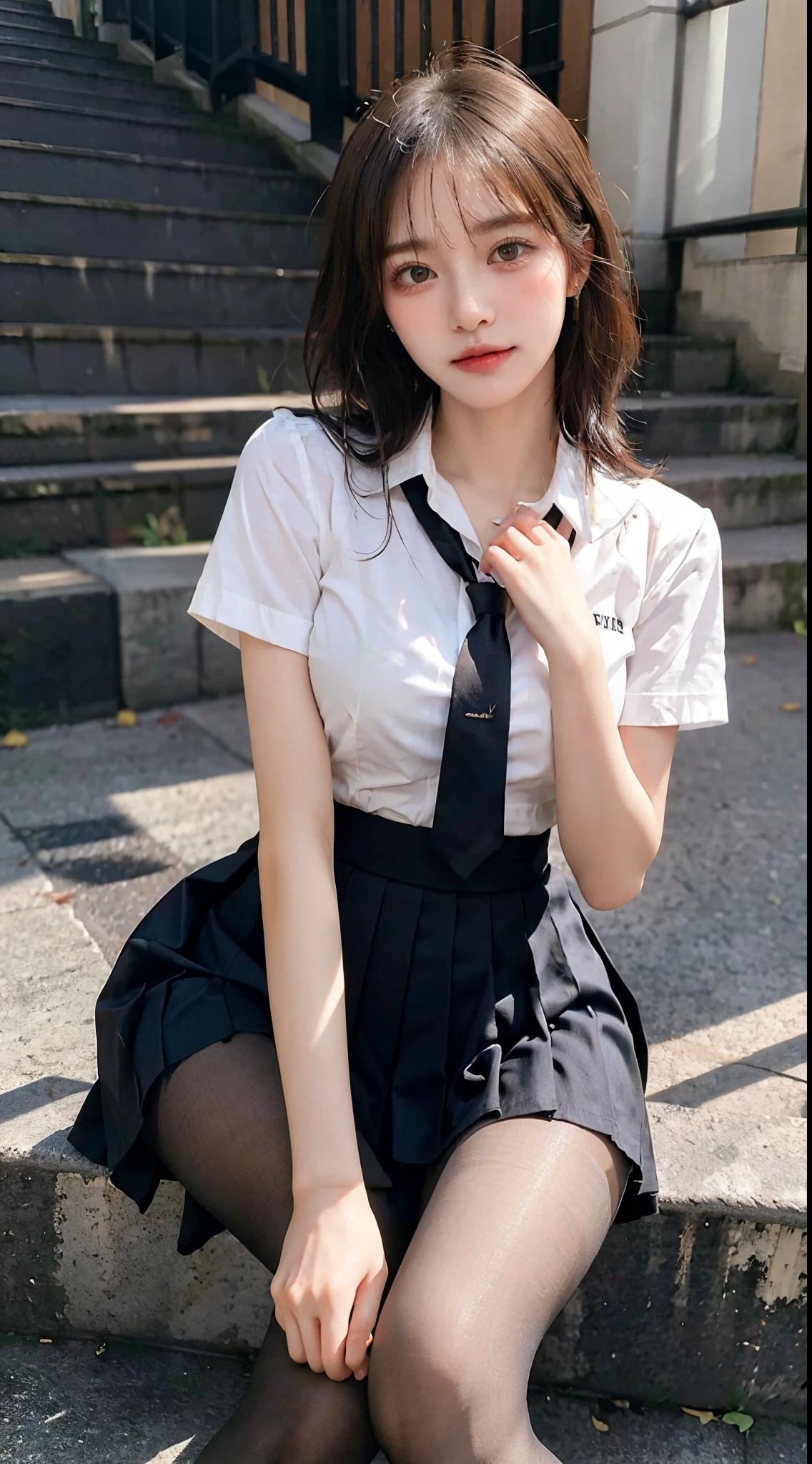 School uniform, shirt, ribbon tie, skirt, school, corridor in front of classroom, 8K RAW photo, high resolution, 19-year-old Korean, very big round breasts, beautiful eyes in detail, long eyelashes, beautiful double eyelids, eyeshadow, eyeliner, slit eyes, elongated eye shape, Sanpaku eyes, dark eye makeup, evil smile, beautiful thin legs, random short hair, hair tied behind the head, earrings, necklace, light brown hair,