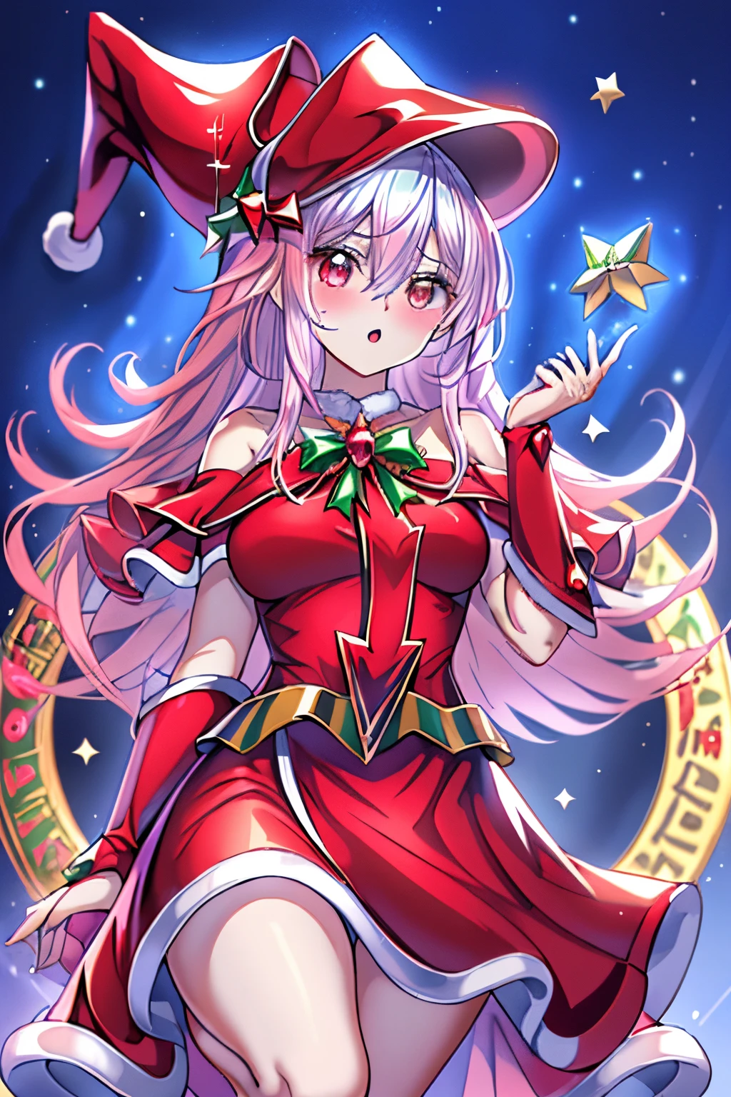 Dark magician gils christmas version. Ojos azules. Cabello rubio, labios rojos. Vestida con un traje de Santa Claus sexy. Minifalda roja. Capa blanca, blusa roja, sombrero roja de navidad, en el trineo de Santa Claus. Fondos de estrellas y nieve callendo del cielo. Pose sejustiva y sensual y sexy.