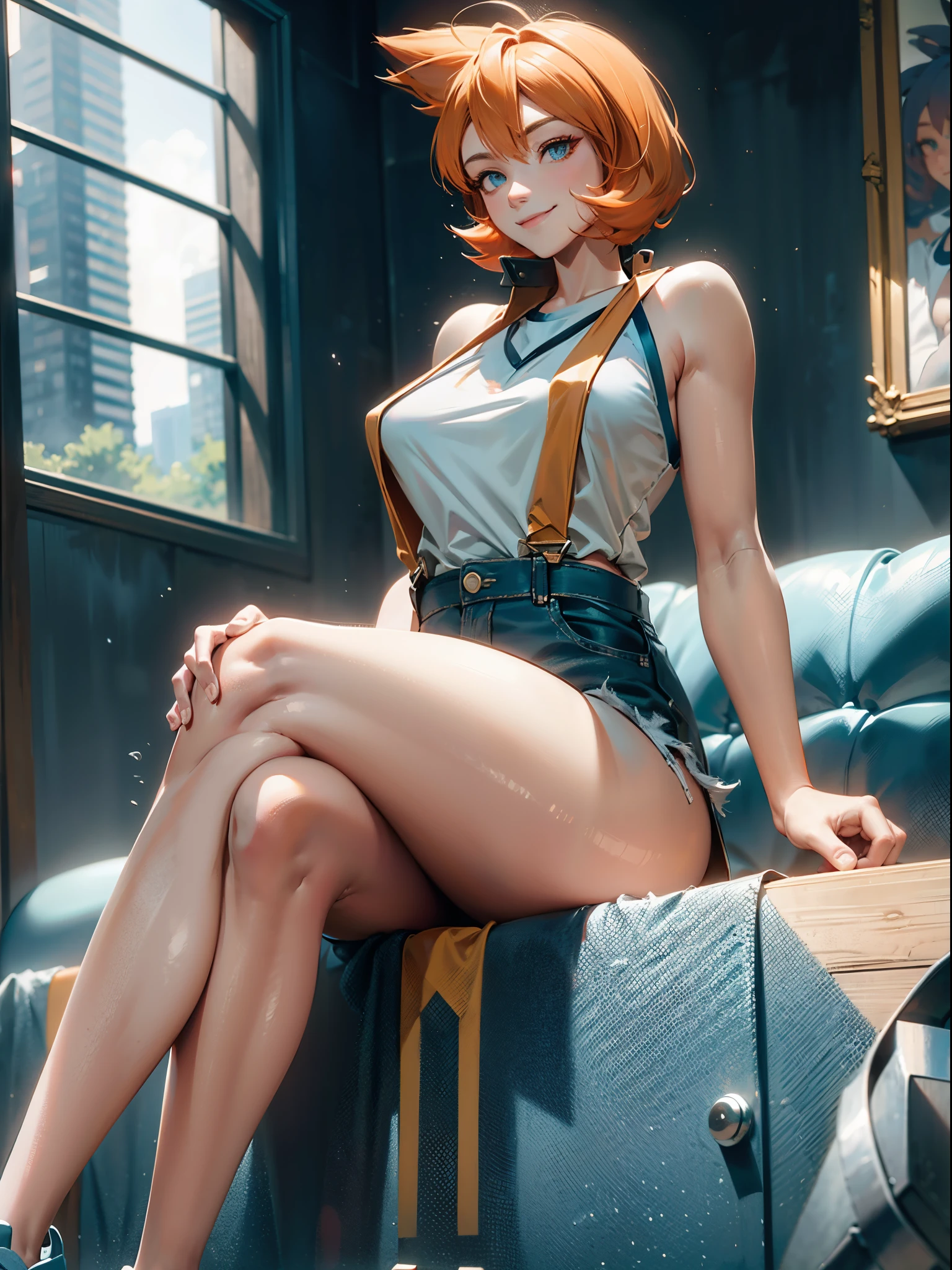 1girl, Misty_Pokemon, yellow crop top, suspenders, side ponytail, orange hair, denim shorts, sneakers, ((sitting, crossed legs, legs focus, smile, in a house)), curvy figure, overlooking city, blush, day 

BREAK 

(((Masterpiece))), ((Highly detailed character)), ((perfect eyes)), ((perfect face)), ((best quality)), ((perfect hands)), high resolution, highly detailed image, thick thighs

 BREAK

 Beautiful background, volumetric lighting,