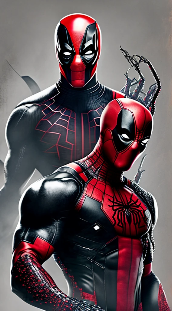 Deadpool smiling looking at the viewer with his arms crossed with Venom symbiote and Spider-Man symbol on Deadpool&#39;s chest and gray background