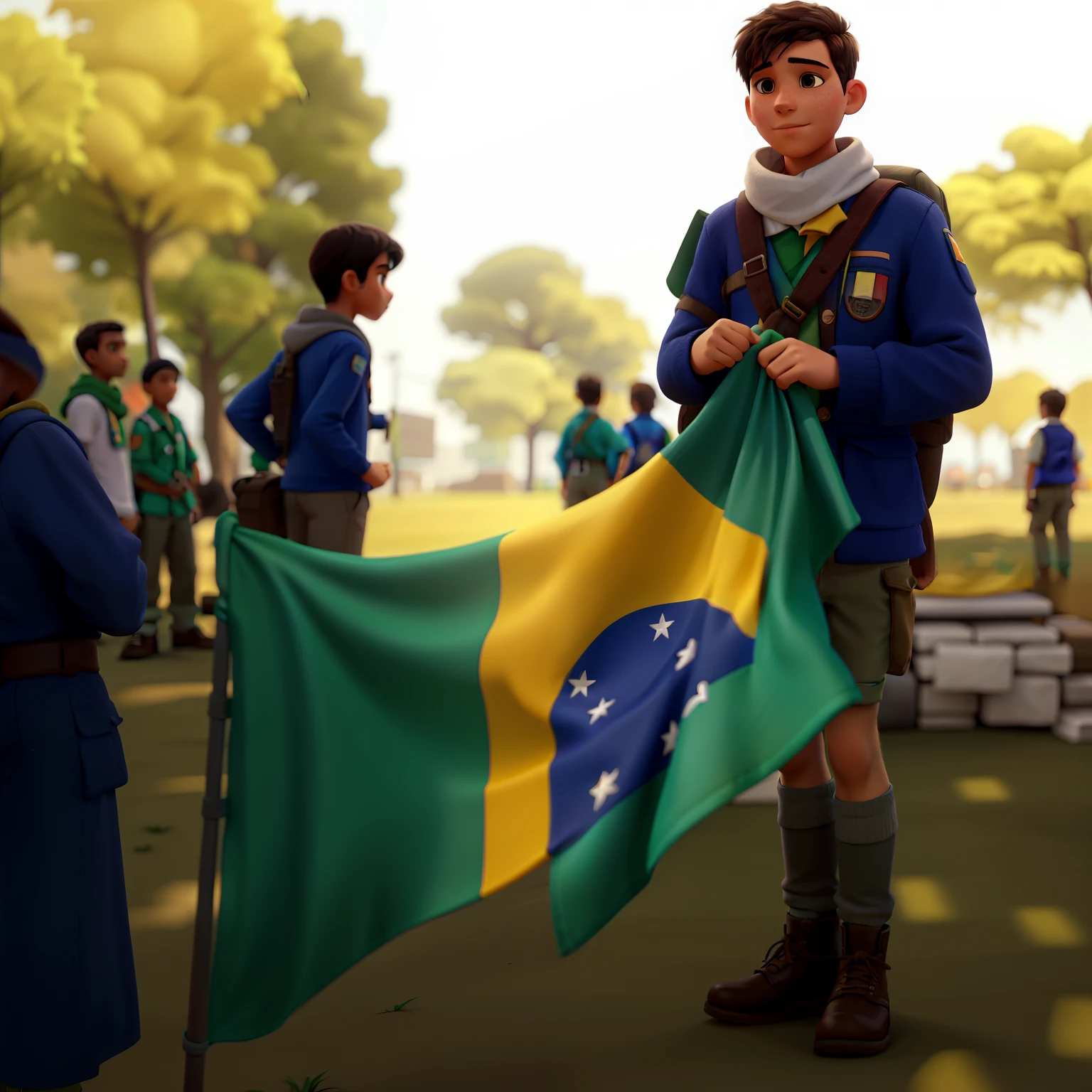 young scout with white scarf around his neck and holding the flag of Brazil