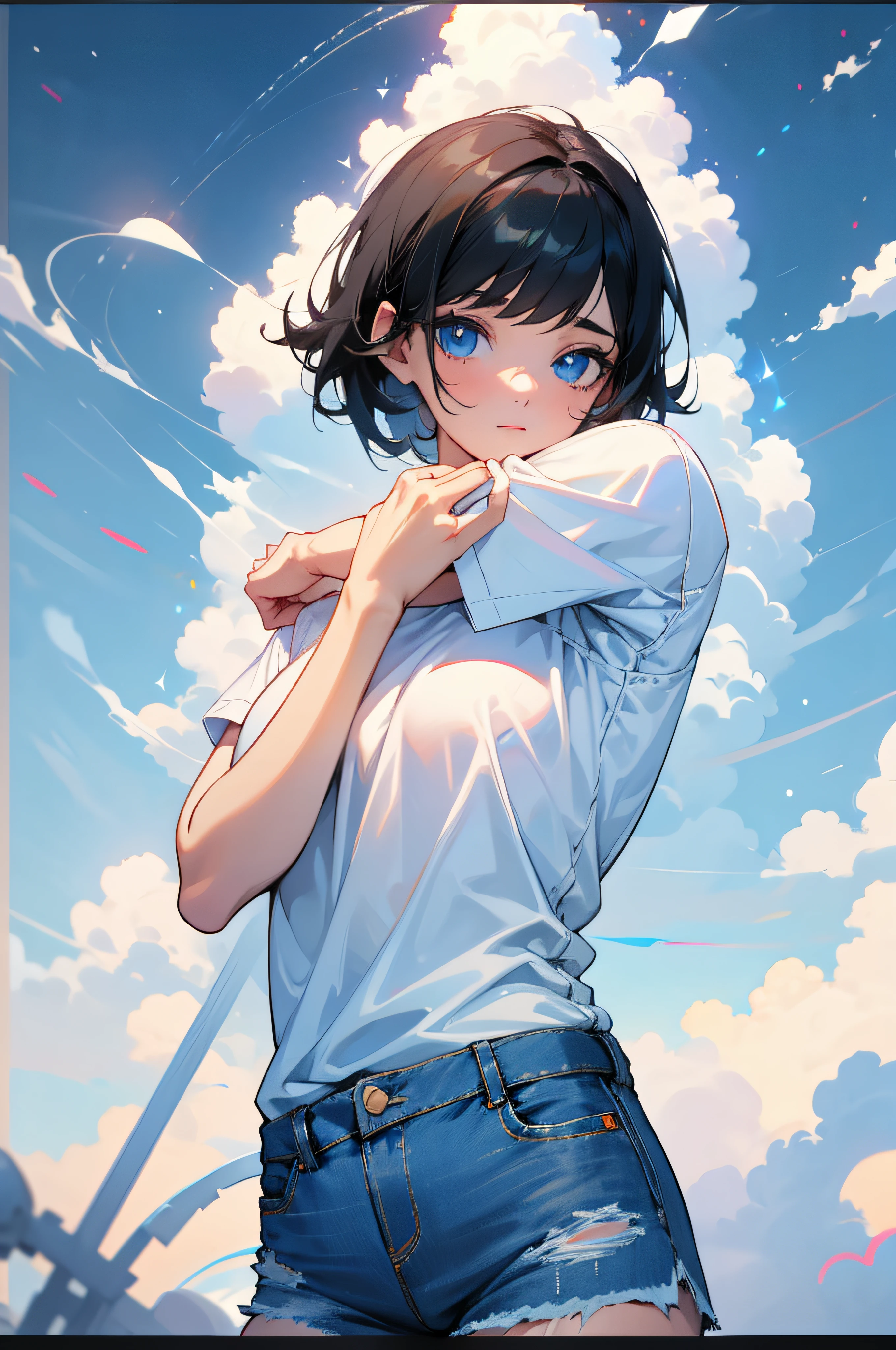 Prompt used:
1girl, short black hair, blue eyes, wearing plain white shirt, denim shorts, city, absurdres, high res, ultrasharp, 8K, masterpiece, looking at viewer