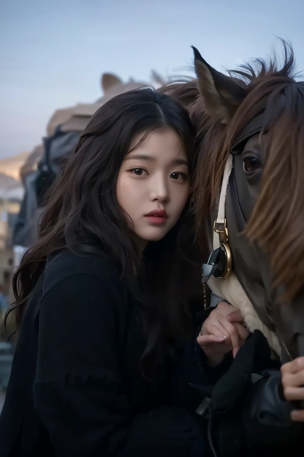 There is a woman standing next to a horse, por Yang J, Obras de arte al estilo de Guweiz, 🤤 girl portrait, inspirado por Chen Yifei, por Ye Xin, realista. Cheng Yi, por Zhang Han, por Shang Xi, Retrato de alta calidad, por Xia Yong, Guweiz, por Ni Tian, Chica china