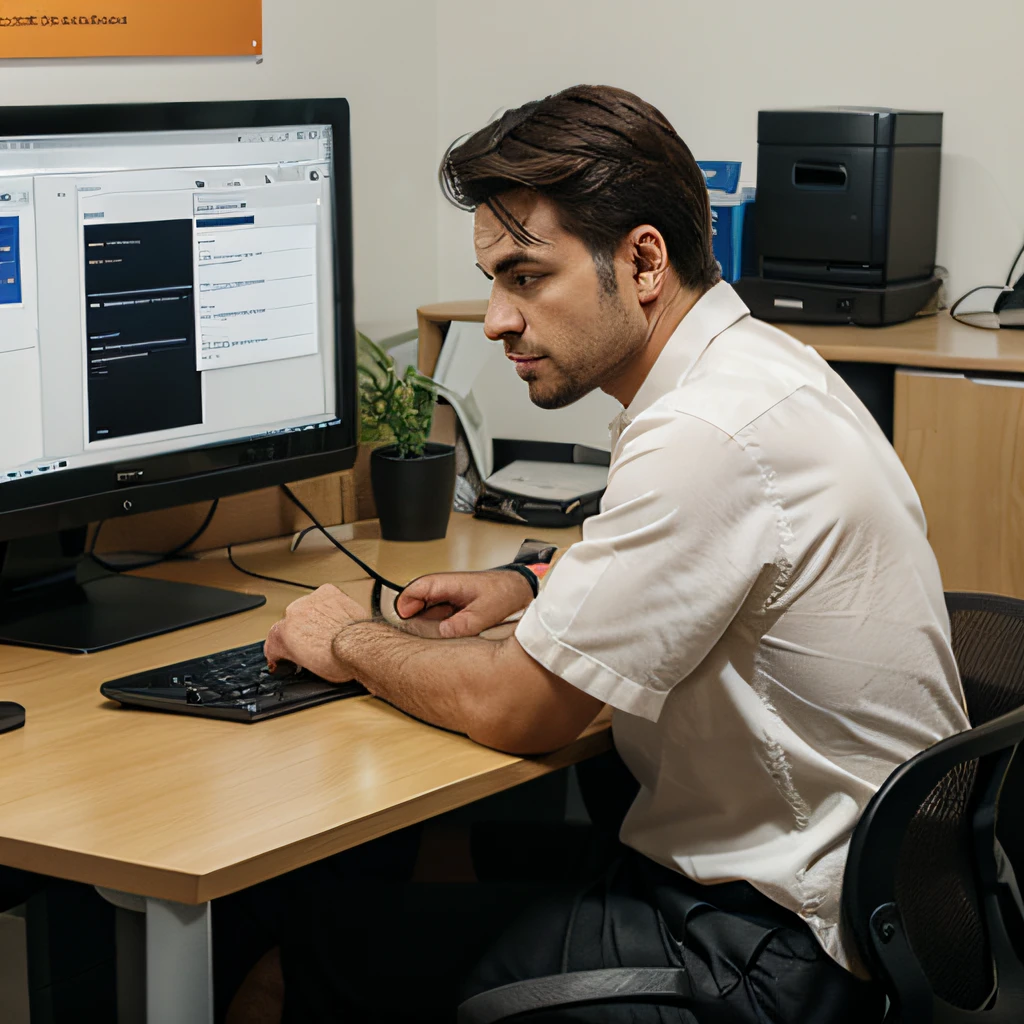a man sitting on the chair in the office looking at the computer screen