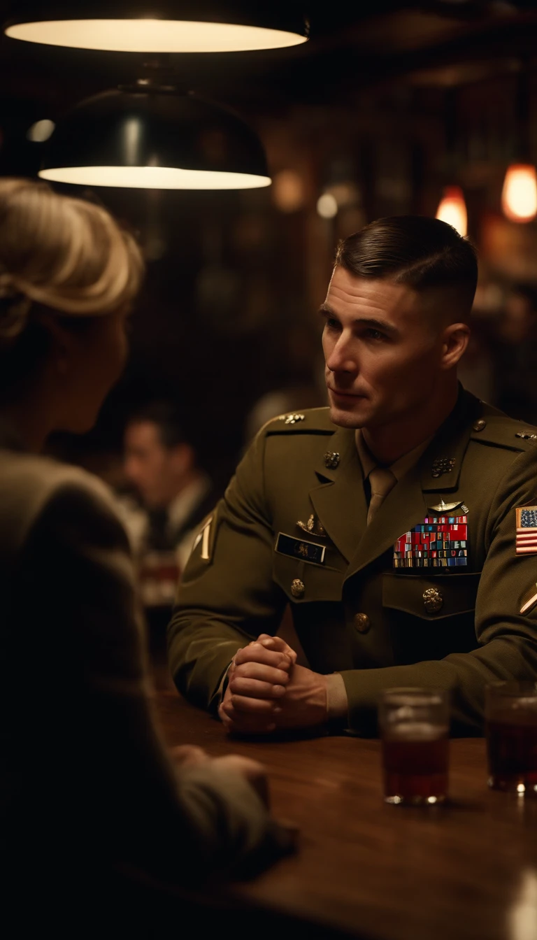 American soldier in a bar, talking to japanese woman