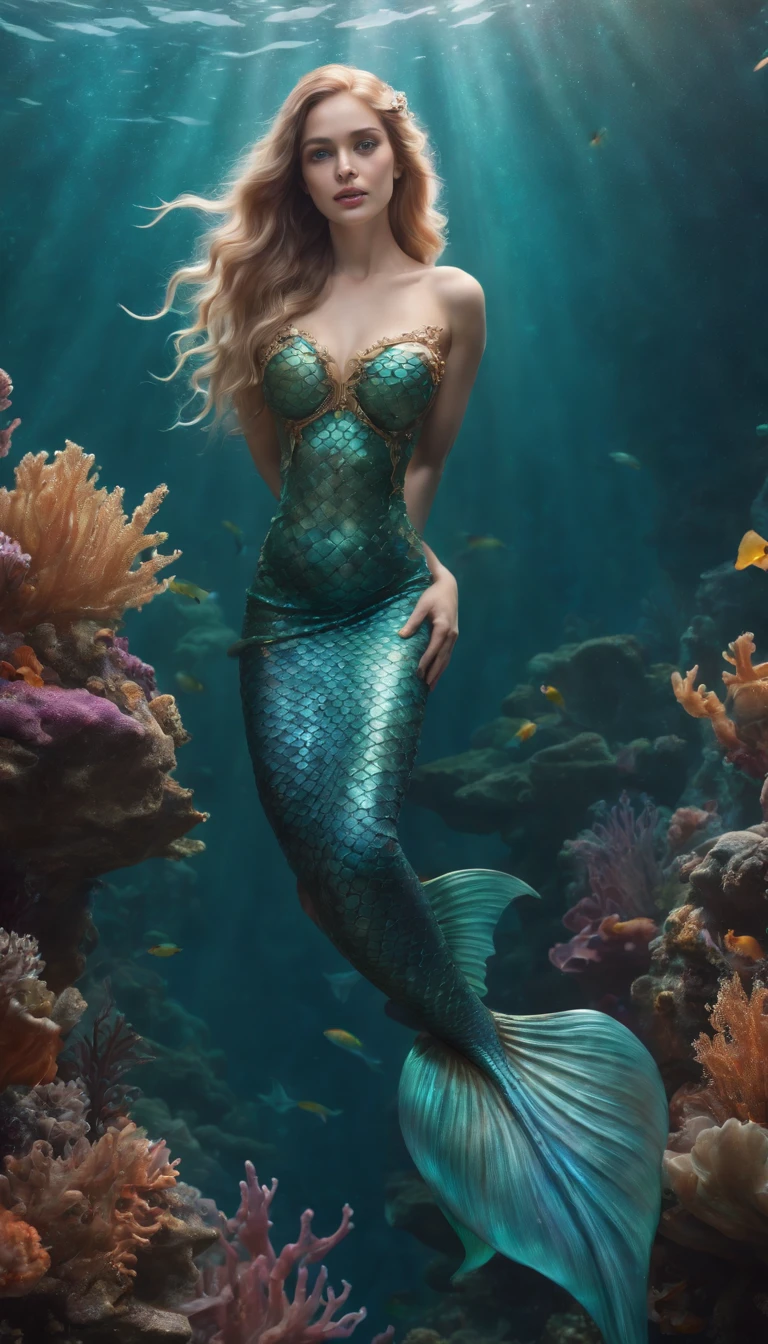 (professional photo:1.3) Fujifilm X-T3, 35mm lens ((Mermaid swims all over)) (Realistic:1.3) most beautiful artwork photo in the world，(((Blond hair))), (( Brown eyes)), brunette, Caucasians, ((long mermaid tail)), (((Detailed mermaid fins))), full body, sport, Features: Soft and shiny, ((Epic mermaid fantasy long hair in dynamic pose,Full tail, Fantastic location, Majestic cluttered environment)), full body 8k unity render, action shot, skin pore, heavyshading, Detailed, Detailed face, (vibrant, photograph realistic, Realistic, Dramatic, Dark, Sharp focus, 8K), (fish scales:1.4), ((((Mermaid tail)))), (Intricate:1.4), decadent, (Highly detailed:1.4), Digital painting, rendering by octane, art stations, concept-art, smooth, Sharp focus, illustration, Art germ, (loish:0.23), (Global illumination, Studio light, volumettic light), Underwater, Ocean, lotr, fantasy, mermaid, ((Sea background:1.3)),CGSesociety,art stations, surrounded by plenty of colorful coral fish,