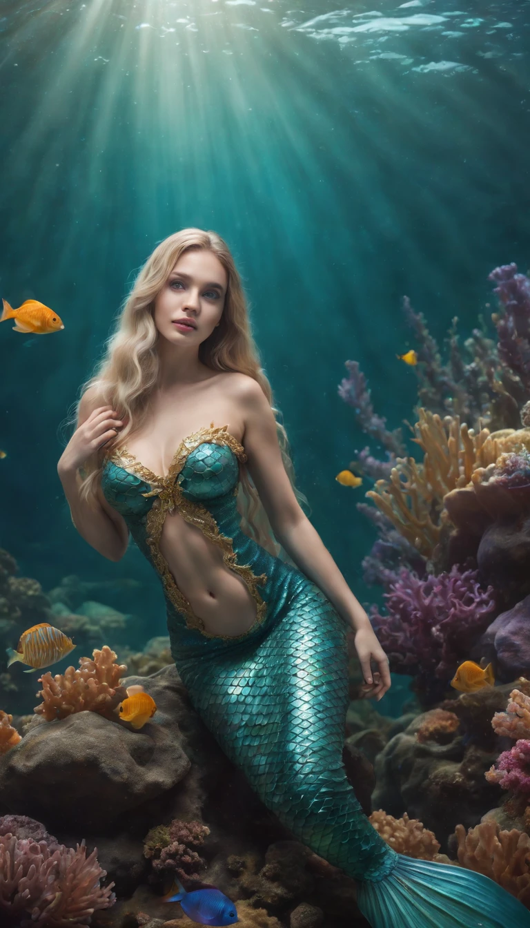 (professional photo:1.3) Fujifilm X-T3, 35mm lens ((Mermaid swims all over)) (Realistic:1.3) most beautiful artwork photo in the world,(((Blond hair))), (( Brown eyes)), brunette, Caucasians, ((long mermaid tail)), (((Detailed mermaid fins))), full body, sport, Features: Soft and shiny, ((Epic mermaid fantasy long hair in dynamic pose,Full tail, Fantastic location, Majestic cluttered environment)), full body 8k unity render, action shot, skin pore, heavyshading, Detailed, Detailed face, (vibrant, photograph realistic, Realistic, Dramatic, Dark, Sharp focus, 8K), (fish scales:1.4), ((((Mermaid tail)))), (Intricate:1.4), decadent, (Highly detailed:1.4), Digital painting, rendering by octane, art stations, concept-art, smooth, Sharp focus, illustration, Art germ, (loish:0.23), (Global illumination, Studio light, volumettic light), Underwater, Ocean, lotr, fantasy, mermaid, ((Sea background:1.3)),CGSesociety,art stations, surrounded by plenty of colorful coral fish,