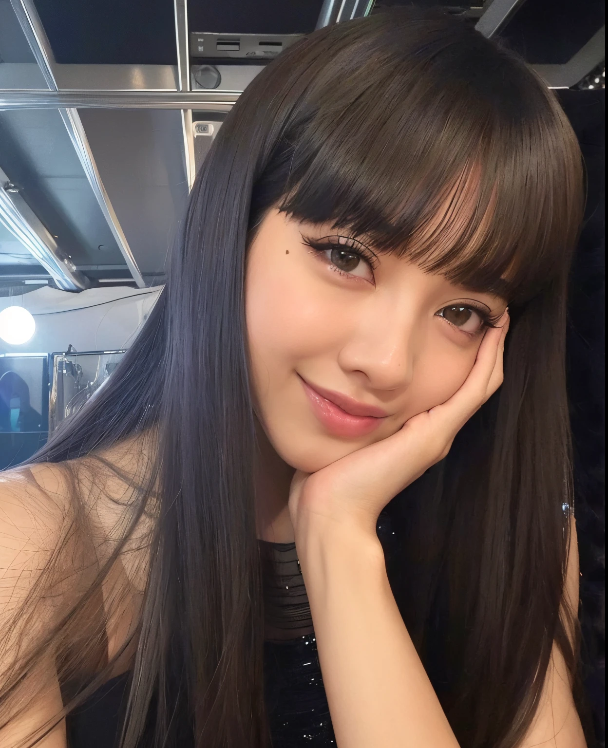 mulher arafed com longos cabelos pretos posando para uma foto, Lalisa Manobal, Lalisa Manoban do Blackpink, Ela tem cabelo preto com franja, jossi do blackpink, com franja, jisoo do blackpink, com franja completa, Jisoo do Blackpink, Retrato de Jossi de Blackpink, dilraba dilmurat, franja reta