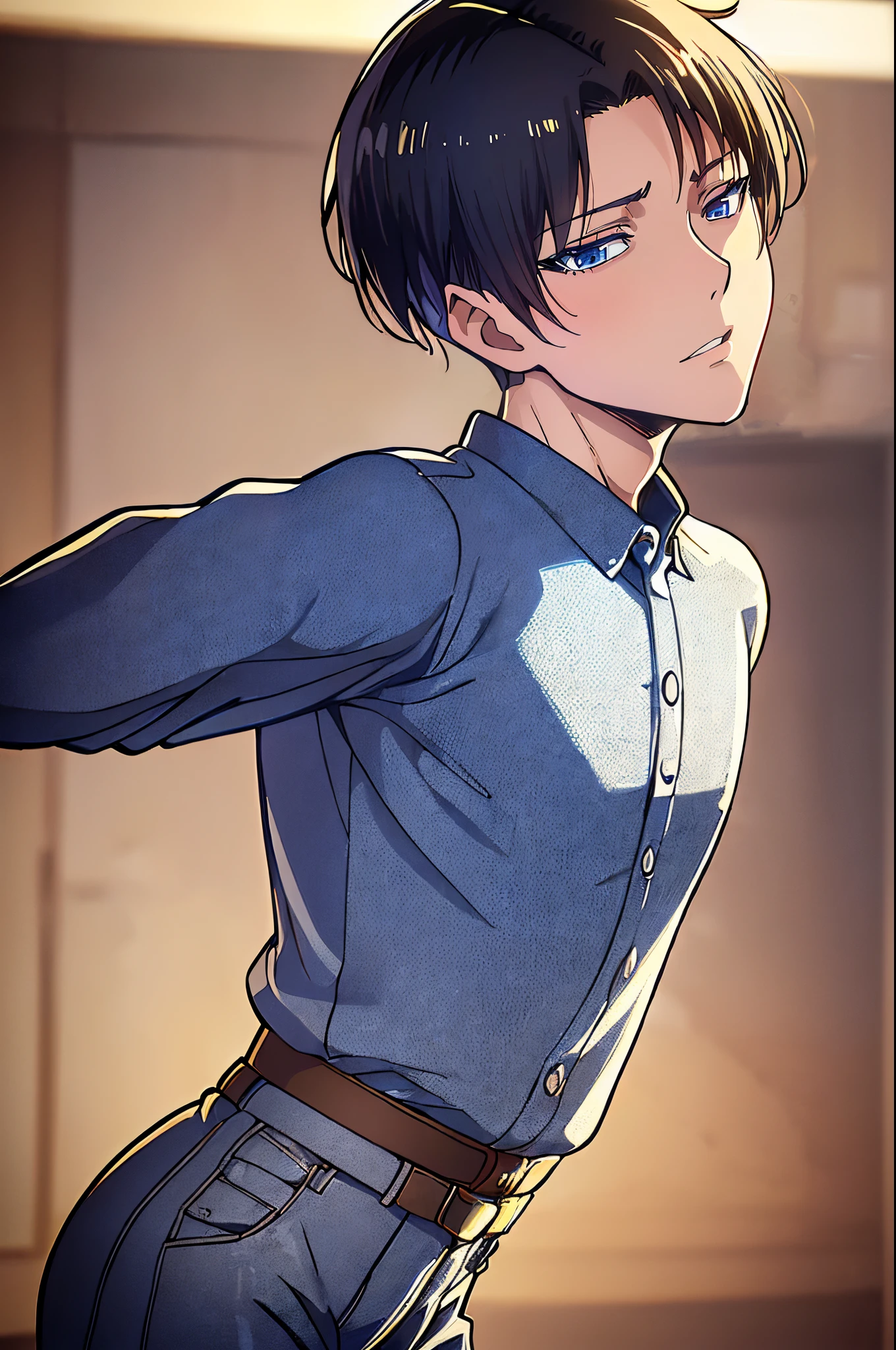 ((4K works))、​masterpiece、（top-quality)、((high-level image quality))、((One Manly Boy))、Slim body、((Attractive and sexy jeans fashion))、((Men's Fashion))、(Detailed beautiful eyes)、Late Night City、Levi Ackerman、((short hair above the ears))、((Smaller face))、((Neutral face))、((Korean boy))、((18year old))、((Handsome man))、((sings))、((Korean Makeup))、((elongated and sharp eyes))、((Like a celebrity))、Everyday photography、((Shot alone))、((Shot diagonally from the side))、((Upper body photography))、((Artist Photos))