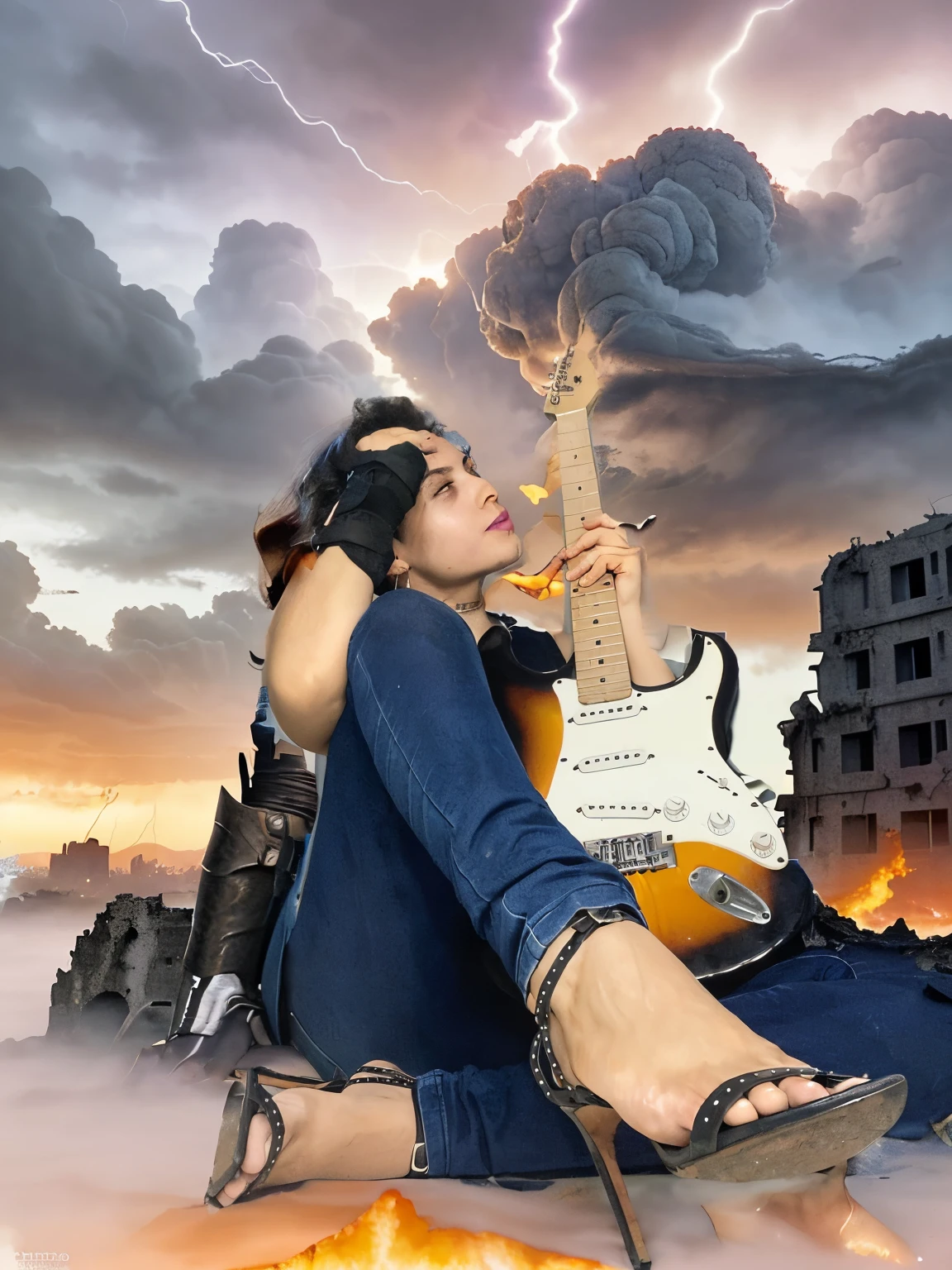(best quality,master part:1.2, Dynamic angle, ultra-detalhado),NSFW, vast post-apocalyptic landscape,Scattered ruins and debris surrounded it,The background is filled with dramatic clouds and broken remains of the city,The colors of the setting sun paint the sky fiery orange and purple, Capture a cena antes do conflito,tentacles,lightning,efeitos de raios