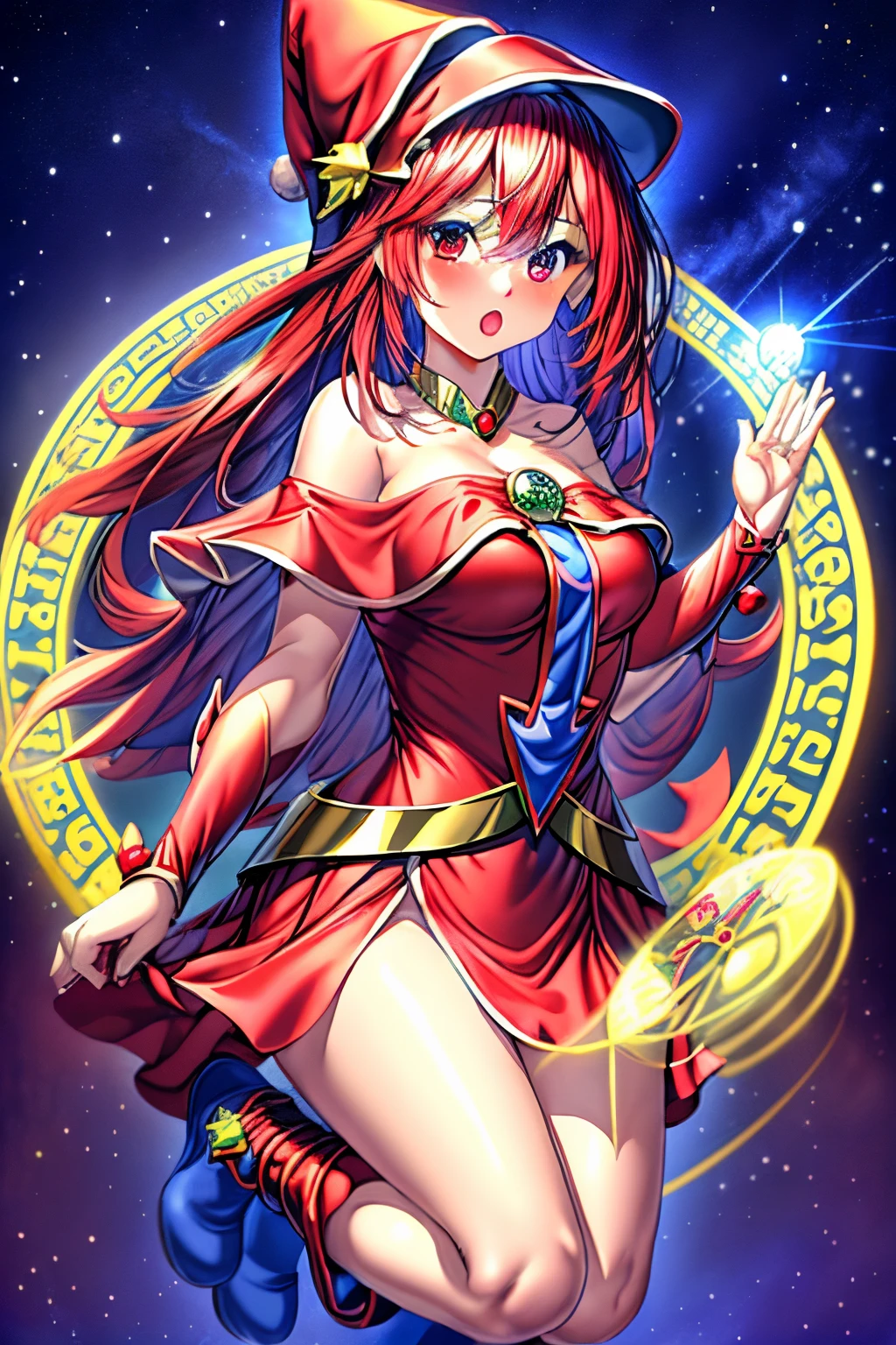 Dark magician gils christmas version. Ojos azules. Cabello rubio, labios rojos. Vestida con un traje de Santa Claus sexy. Minifalda roja. Capa blanca, blusa roja, sombrero roja de navidad. Fondos de estrellas y nieve callendo del cielo. Pose sejustiva y sensual y sexy. Levitating among a circle of magic. magic wheel. Heart in the air