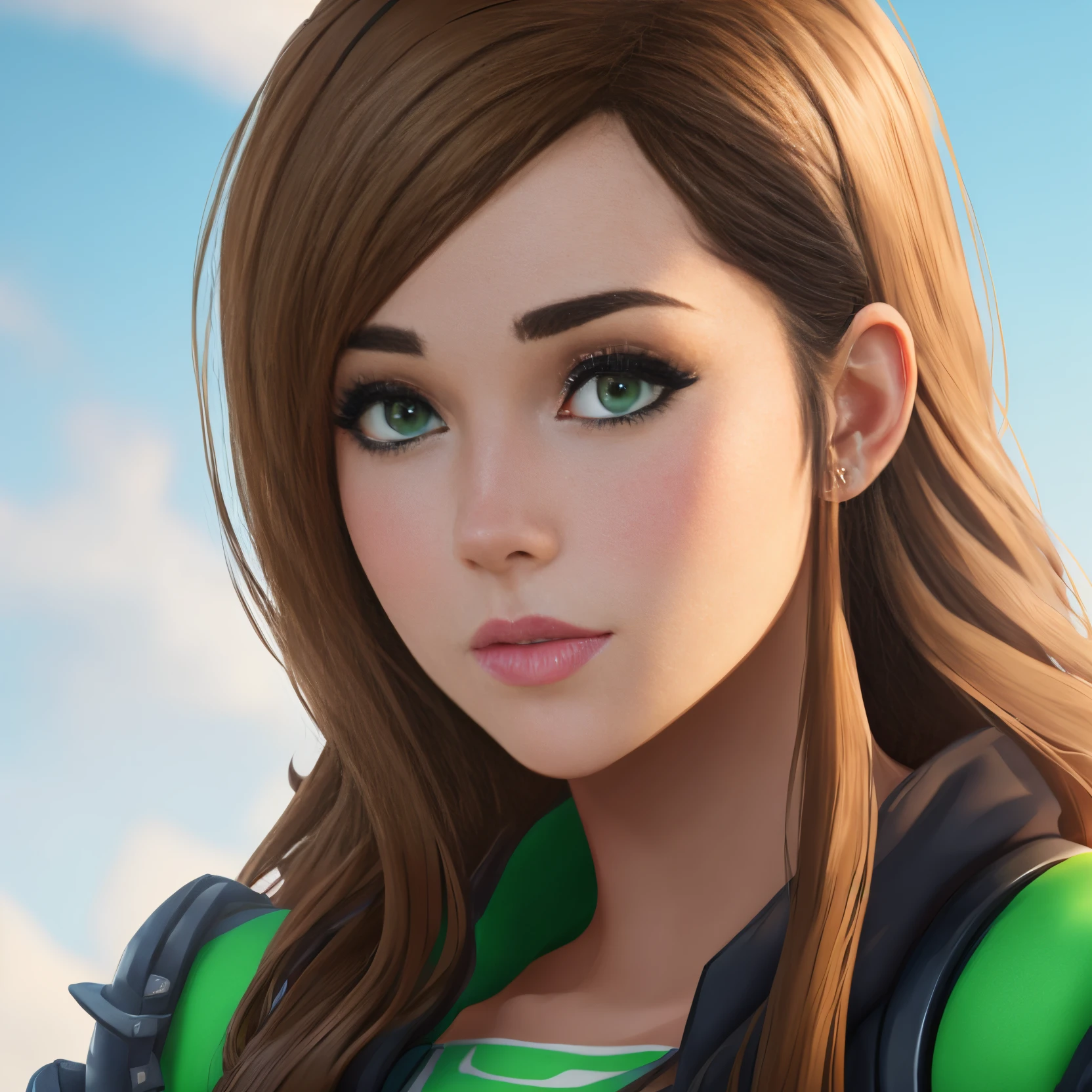 A girl with long light brown hair, middle parted hair, hazel bright green eyes, pretty, tall, fortnite character