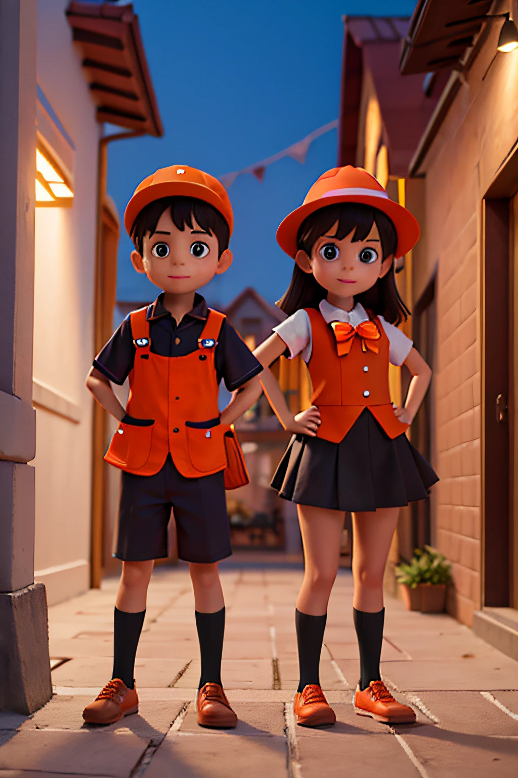 boy wearing orange builders west and a girl wearing black schoolgirl uniform. halloween party