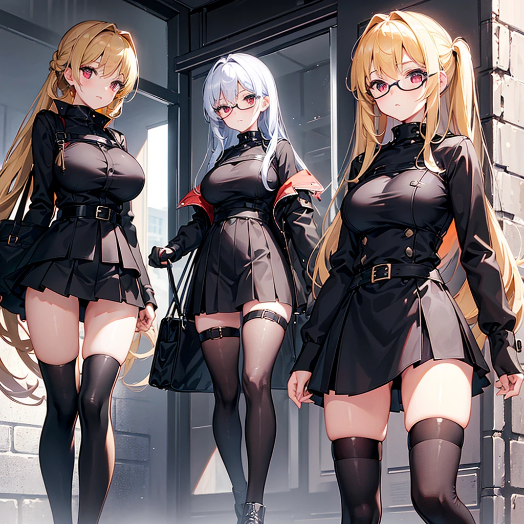 ((The best piece)),((masterpiece)), (ultra-detailliert), (illustratio), (detaileds), (extemely cute and beautiful), girl with, cute face, The upper part of the body, single, a miniskirt, (beautifully detailed eyes), Red Eyes, a blond,military outfits,Twin-tailed,soldier,Lori, big boobs,Clothes in black tones,Black miniskirt,garterbelts,Wearing glasses,