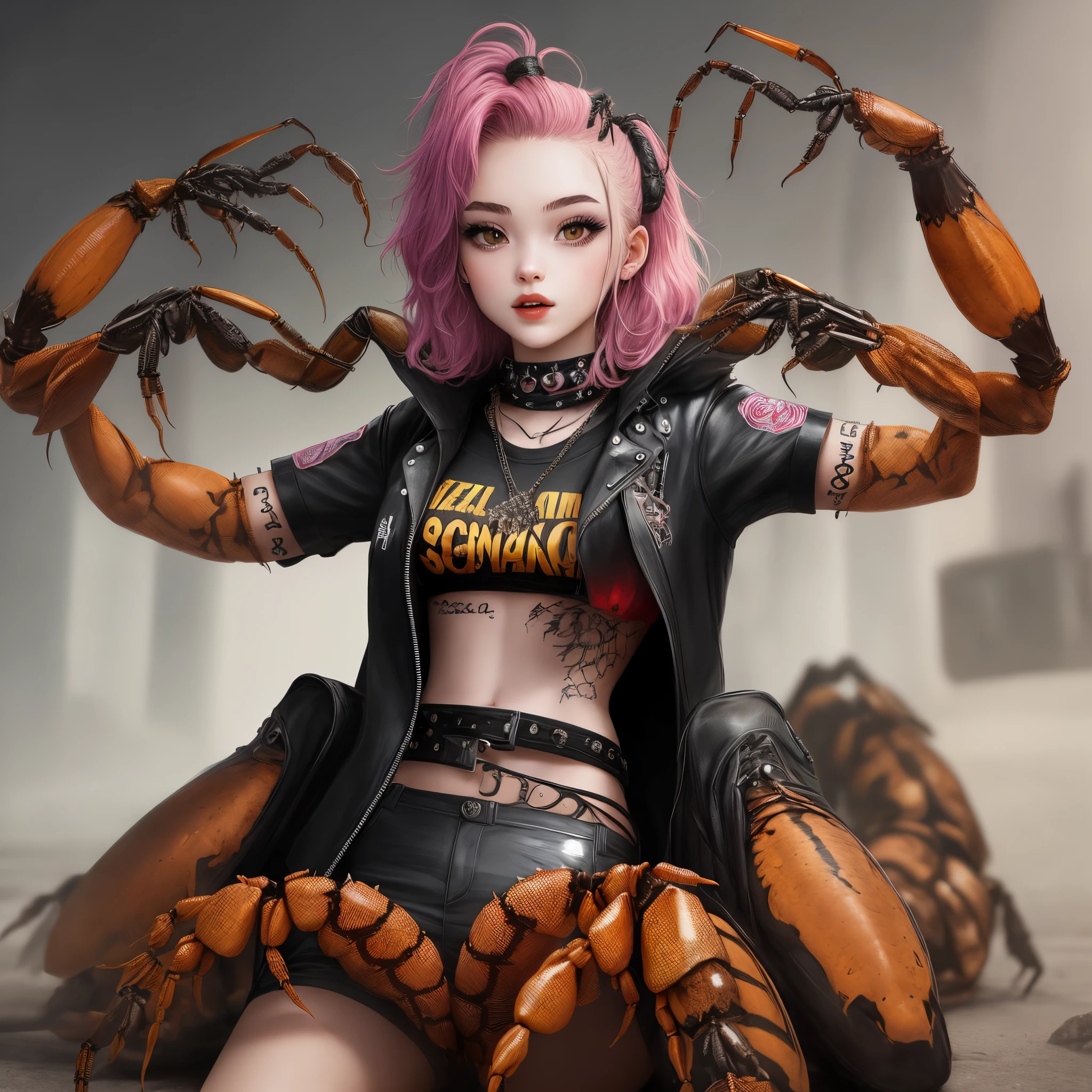  female with four arms and traits of a scorpion. Punk aesthetic