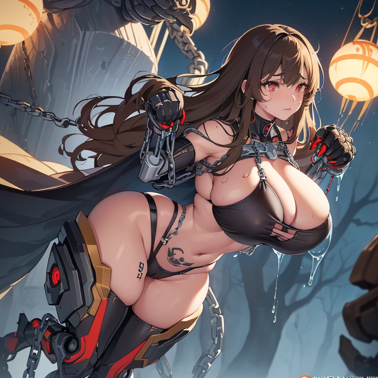 ((1 cyborg woman,curvaceous)),sinha woman,((giant breasts, lactating breasts, biomechanical oppai)),((gray liquid dripping from pussy)),((standing with two chains pulling arms up, legs together )),((very big brown hair, red eyes, crying a lot)),a haunted forest, at night,