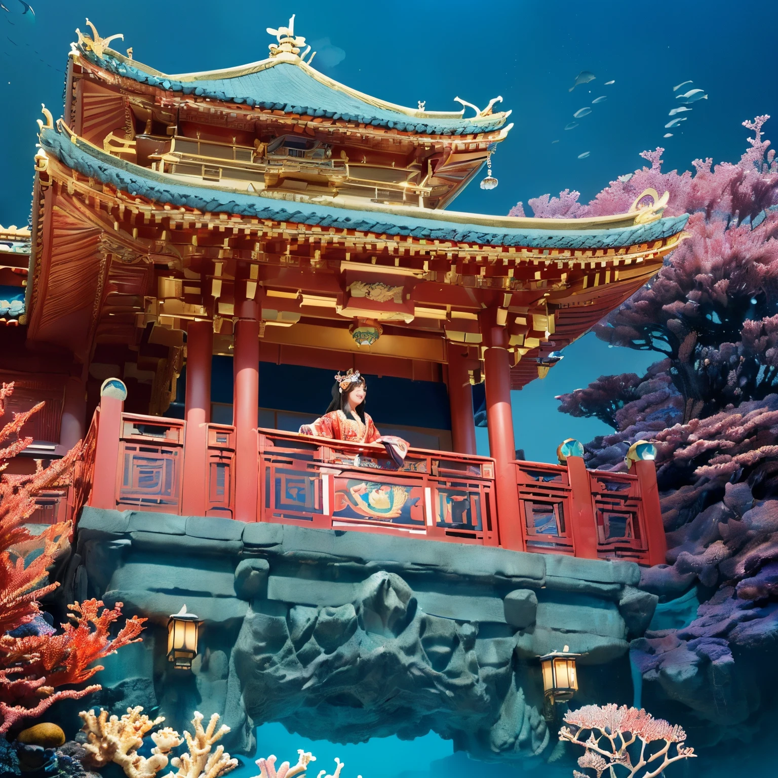 ((top-quality、masutepiece、8K、Top image quality、Highly complex and detailed depictions))、((Princess、i'i'I'm in a castle under the sea、The detailed and complex interior of the ocean、princess under the sea、slender and large breasts、Shot from near her、photo of her from the waist up、The location is Deep Sea Castle.、She stands on the balcony of the deep sea castle、Huge pink and purple courtesan costume、A huge long-sleeved kimono with very elaborate decorations、The finest courtesan furisode、A big smile staring at the camera、look at me with the happiest smile、Shot close to the face))、((Castle under the sea、She'On the balcony of the underwater castle、、There are many beautiful corals and fish around the castle..、underwater castle at night、Undersea Japanese Castle Balcony、Niwa lacquered red and gold balcony、Luxury Japanese style balcony、luxury contemporary balcony、intricate Japanese room decoration、the most luxurious decoration、Very intricate and detailed Japanese castle、An incredibly luxurious and glittering castle、Japanese-style submarine castle、Balcony of a floating castle in Japan、Beautiful Niwa lacquered Japanese style red pillar、Niwa lacquered Japanese castle balcony、Intricate and perfect decoration of the castle、Gold decoration of Niwa-nuri Castle、Luxurious Japanese castle in red and gold、Castle lit up、A luxurious Japanese-style balcony overlooking the sea、Luxurious royal balcony under the sea、the most detailed and complex ocean、Many tropical fish swim、Intricate coral reef and lots of sea anemones、Detailed explanation of sea creatures、Perfect reproduction of the beautiful sea))、((Colossal, Intricate and sparkling necklace、The finest giant tiara))、(Detailed ocean depiction、The most realistic and complex backgrounds、Complex and detailed background))