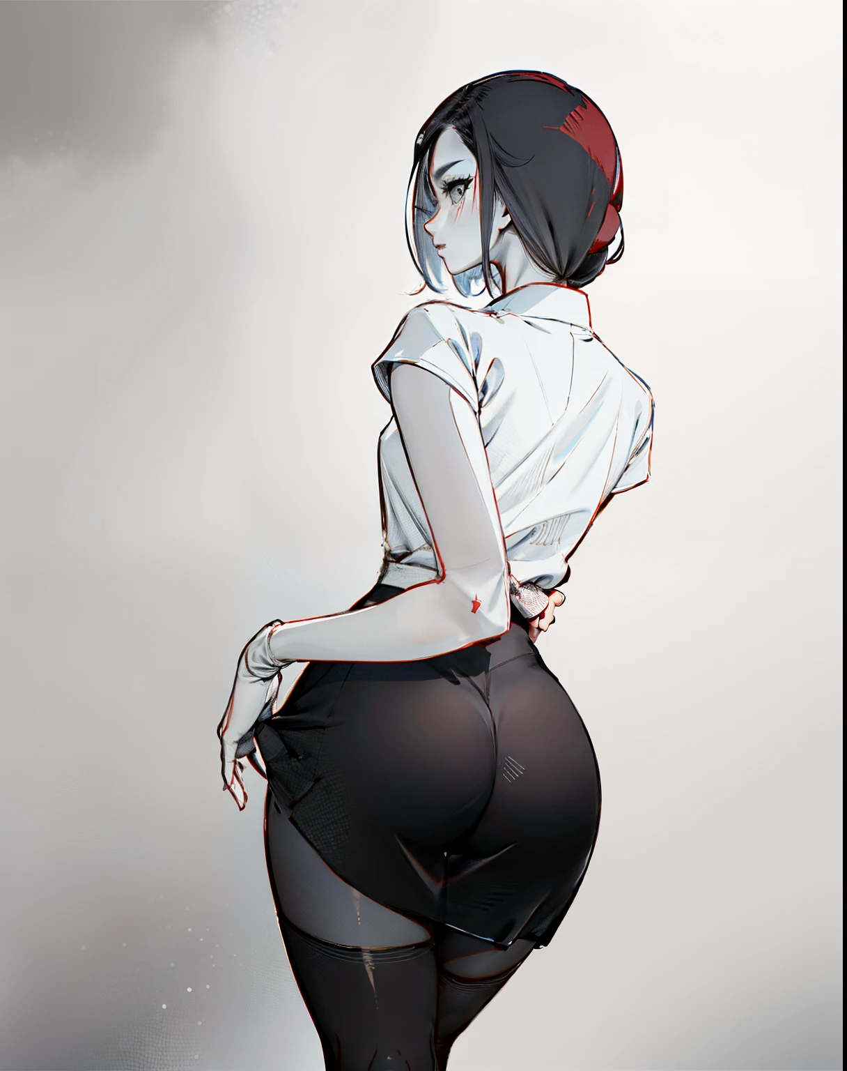1girl (adult woman:1.2) witch yakuza araffe woman in black tights and white shirt posing for a picture, korean girl, looking from behind, korean woman, tight attire, back pose, cute elegant pose, backview, good hips and long legs, wearing tight simple clothes, asian girl, elegant profile pose, bending over, beautiful asian girl, side pose, thighhighs and skirt, somewhat bent over