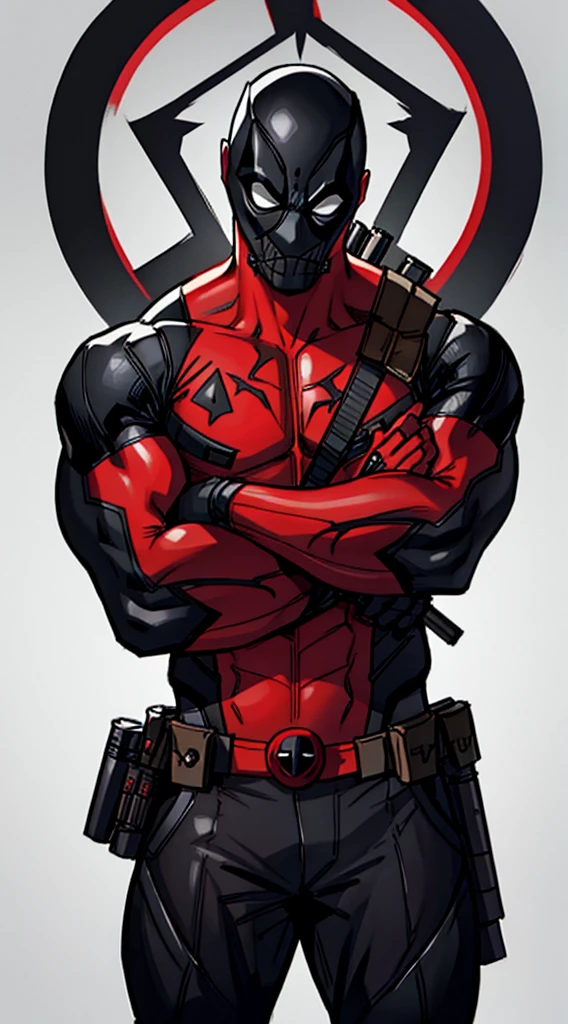 Deadpool smiling with Venom symbiote and looking at the viewer with arms crossed and gray background