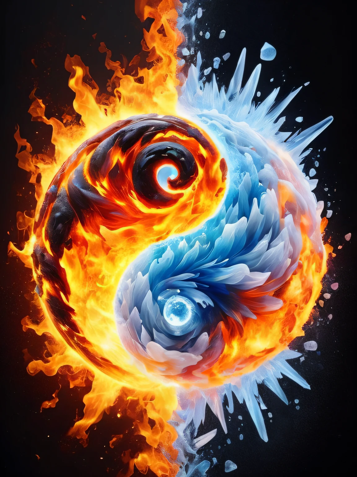 faize, yin and yang shaped out of fire and ice <lora:faize-sdxl:0.8>