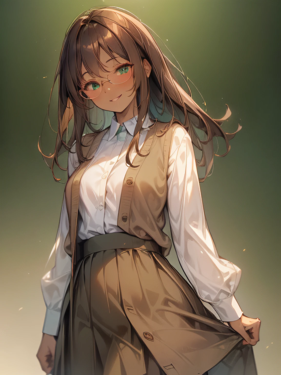 (masterpiece), best quality, expressive eyes, perfect face, 1girl, long brown hair, green eyes, dark skin, round glasses, brown cardigan, skirt, high res, ultrasharp, smile, simple background,standing