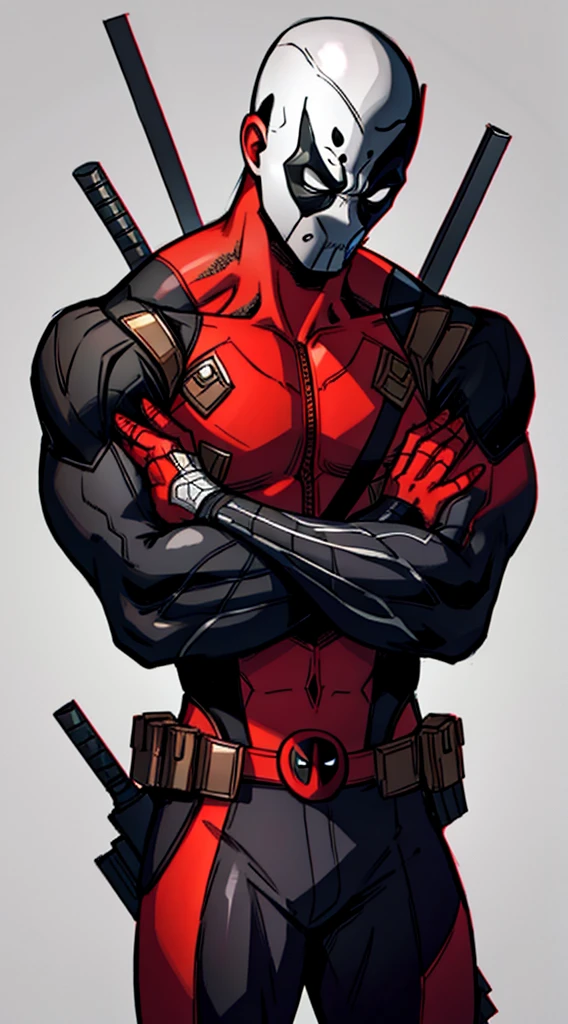 Deadpool very angry with Venom symbiote and looking at the viewer with arms crossed and gray background