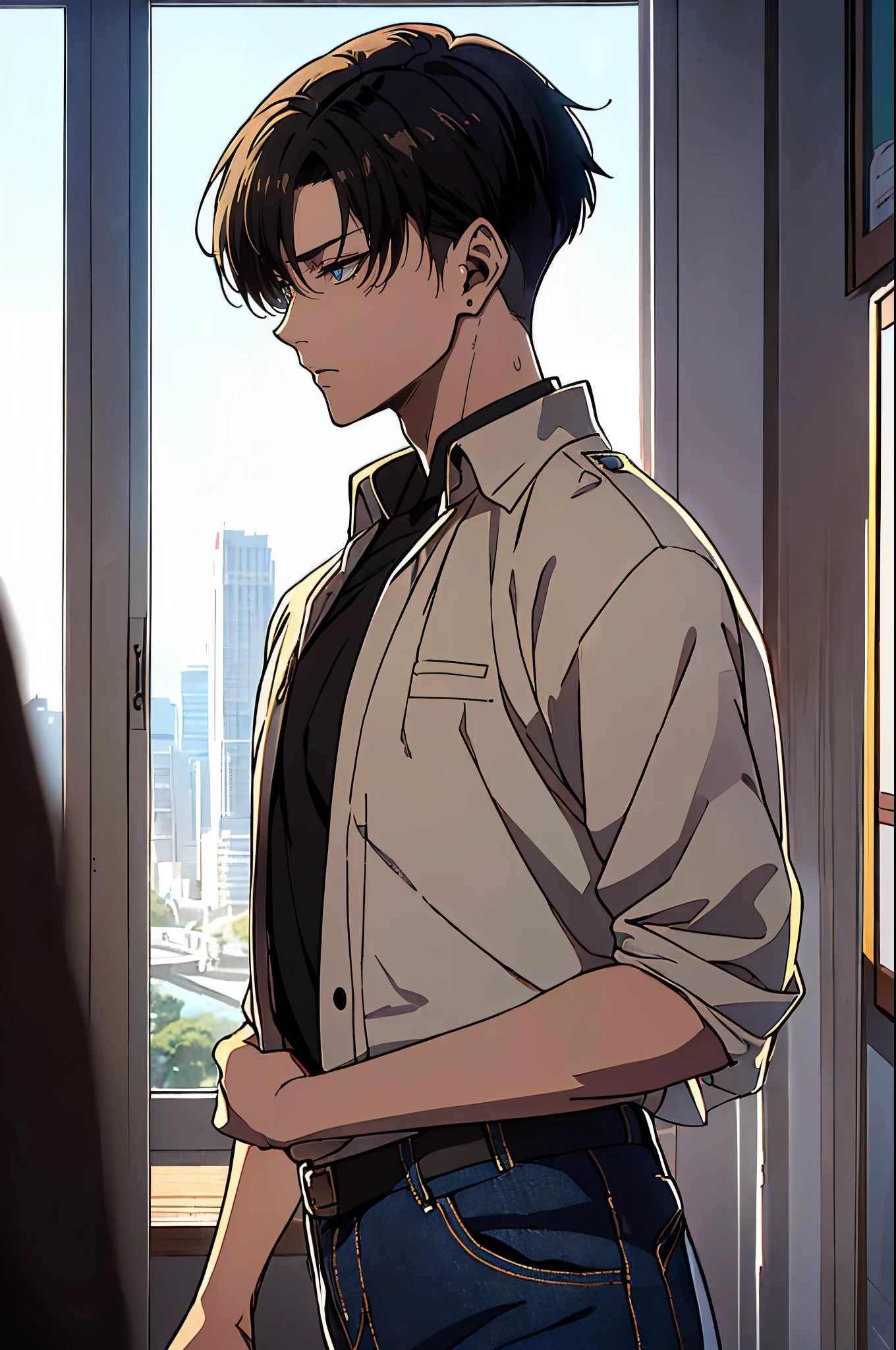 ((4K works))、​masterpiece、（top-quality)、((high-level image quality))、((One Manly Boy))、Slim body、((Attractive and sexy jeans fashion))、((Men's Fashion))、(Detailed beautiful eyes)、Late Night City、Levi Ackerman、((short hair above the ears))、((Smaller face))、((Neutral face))、((Korean boy))、((18year old))、((Handsome man))、((sings))、((Korean Makeup))、((elongated and sharp eyes))、((Like a celebrity))、Everyday photography、((Shot alone))、((Shot diagonally from the side))、((Upper body photography))、((Artist Photos))