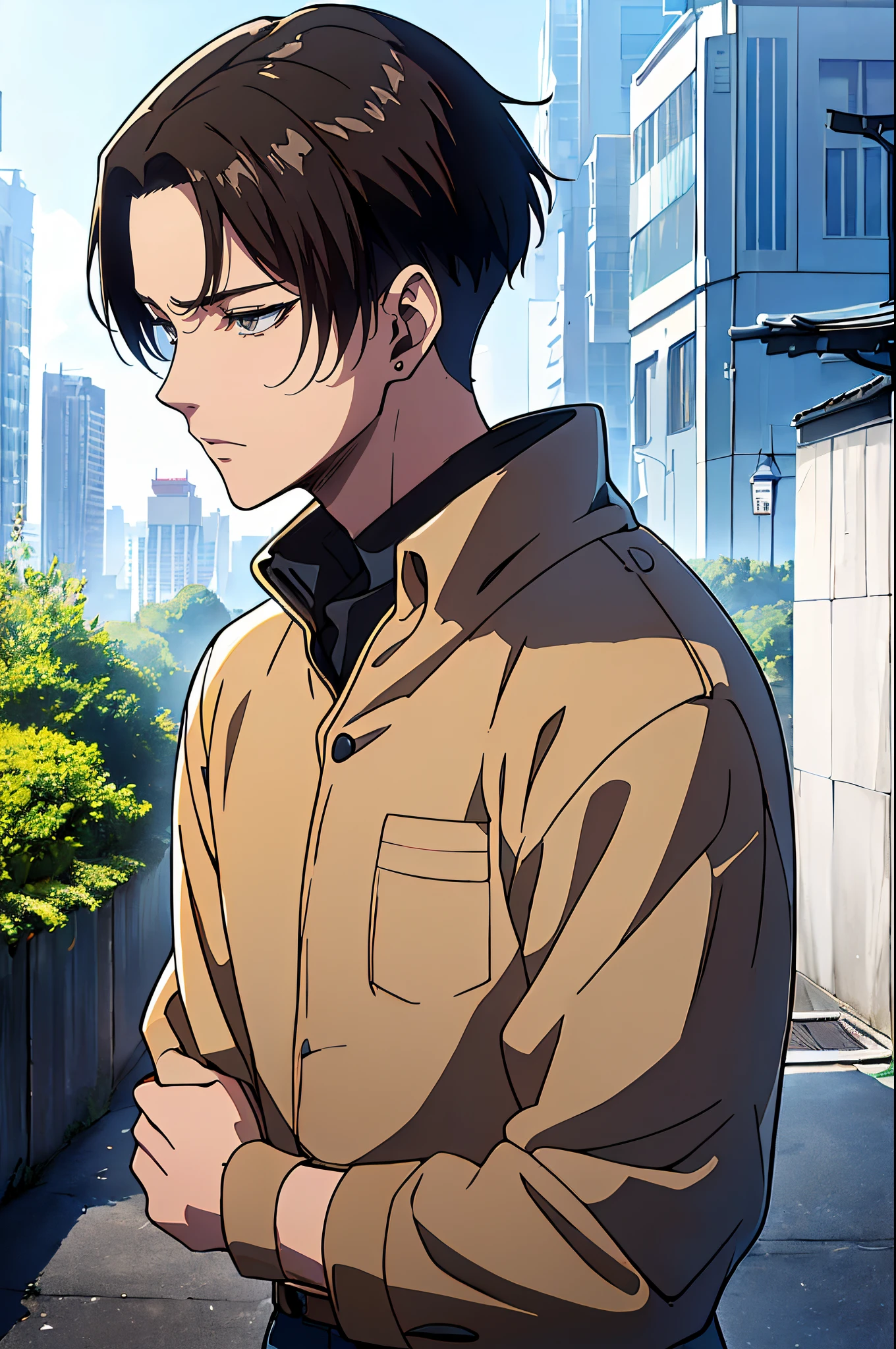 ((4K works))、​masterpiece、（top-quality)、((high-level image quality))、((One Manly Boy))、Slim body、((Attractive and sexy jeans fashion))、((Men's Fashion))、(Detailed beautiful eyes)、Late Night City、Levi Ackerman、((short hair above the ears))、((Smaller face))、((Neutral face))、((Korean boy))、((18year old))、((Handsome man))、((sings))、((Korean Makeup))、((elongated and sharp eyes))、((Like a celebrity))、Everyday photography、((Shot alone))、((Shot diagonally from the side))、((Upper body photography))、((Artist Photos))