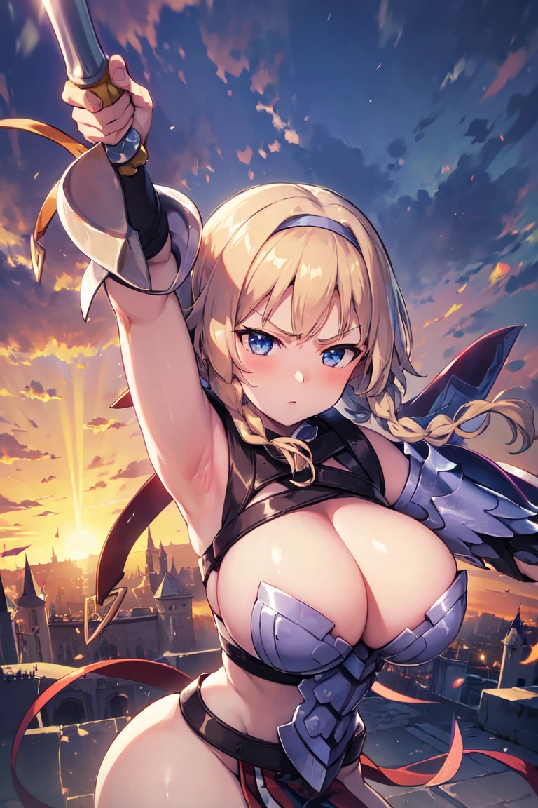 LeinaQuiron woman, breasts, blush, blue eyes, blonde hair, large breasts, cleavage, braid, hairband, armor, twin braids, side braid, short hair with long locks, buckle, shield BREAK (masterpiece, best quality:1.3), 4k, ultra-detailed, trending in pixiv, intricate details, detailed background, detailed eyes, BREAK (in the castle, outdoors:1.4), BREAK 1girl, solo, (upper body, arms up, holding sword, incoming attack, serious:1.3), (contrast, light particles:1.2), (shiny skin:1.3)