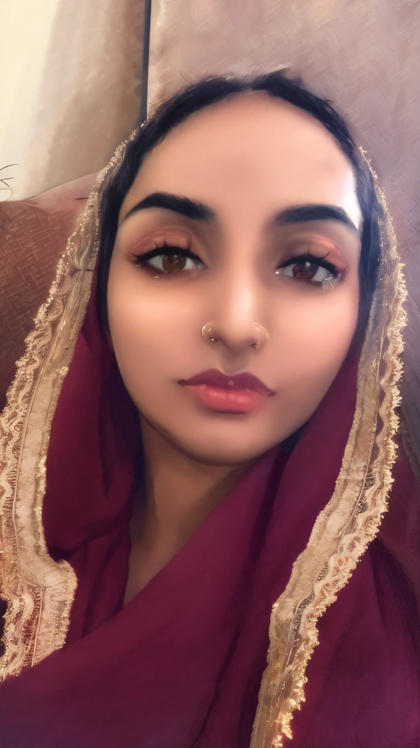 arafed woman wearing a red scarf and a gold nose ring, 30 years old woman, 3 0 years old woman, inspired by Ambreen Butt, indian girl with brown skin, traditional makeup, inspired by Riza Abbasi, traditional beauty, with professional makeup, sexy face with full makeup, selfie of a young woman, clear lips and high quality