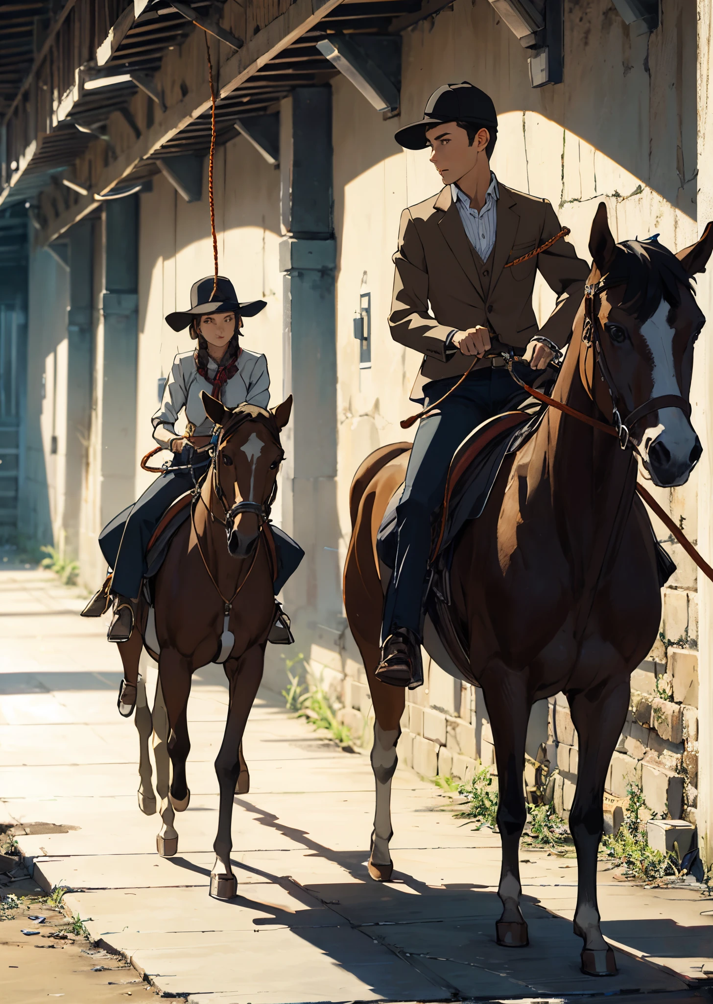 The girl riding the horse first and the boy holding the horse's rope first Realistic photo