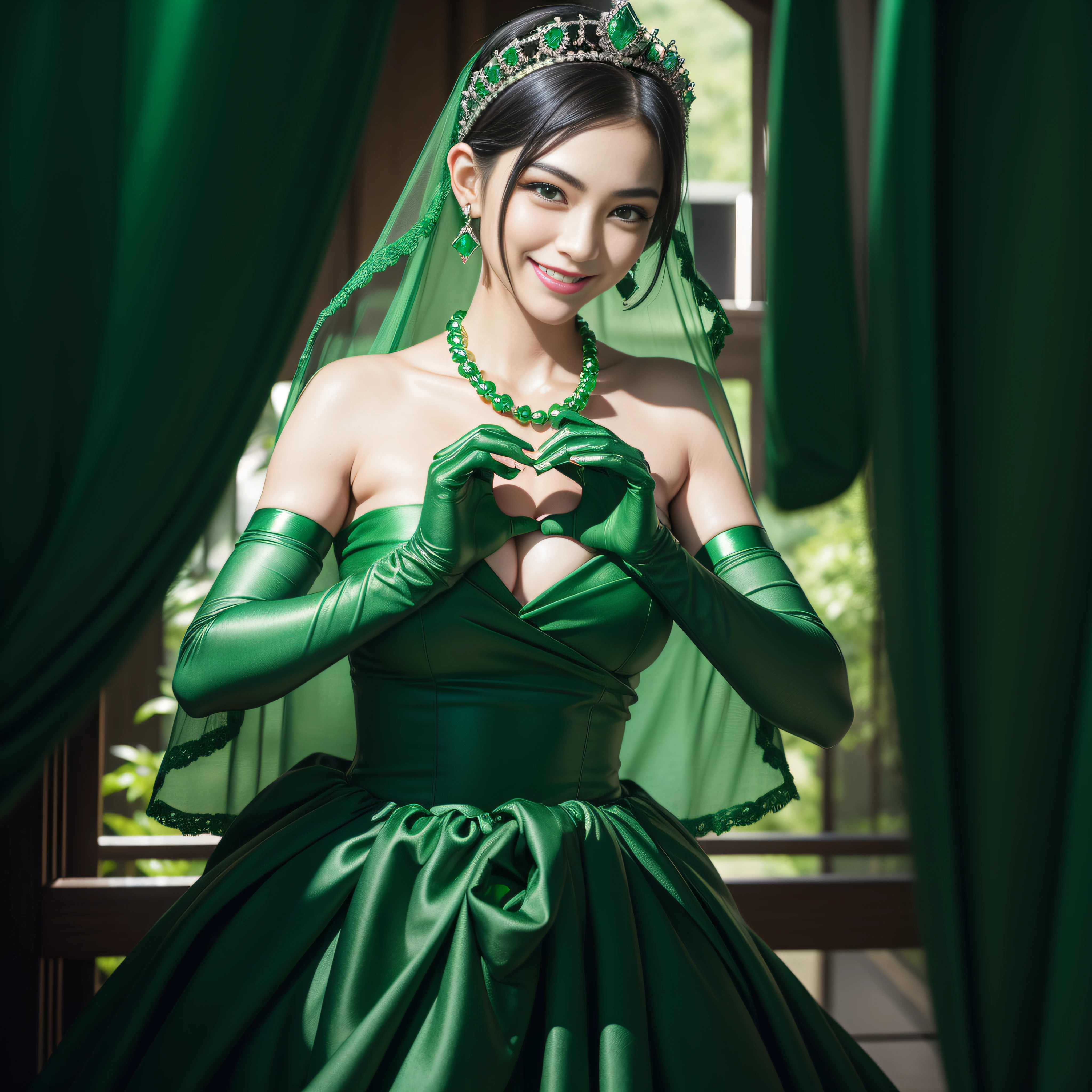 emerald tiara, Green Pearl Necklace, Boyish very short black hair, lipsticks, Japan woman smiling, very short short hair, big breasts beautiful, Green eyes, Long green gloves made of satin material, Green eyes, Emerald Earrings, green vale, Heart with both hands