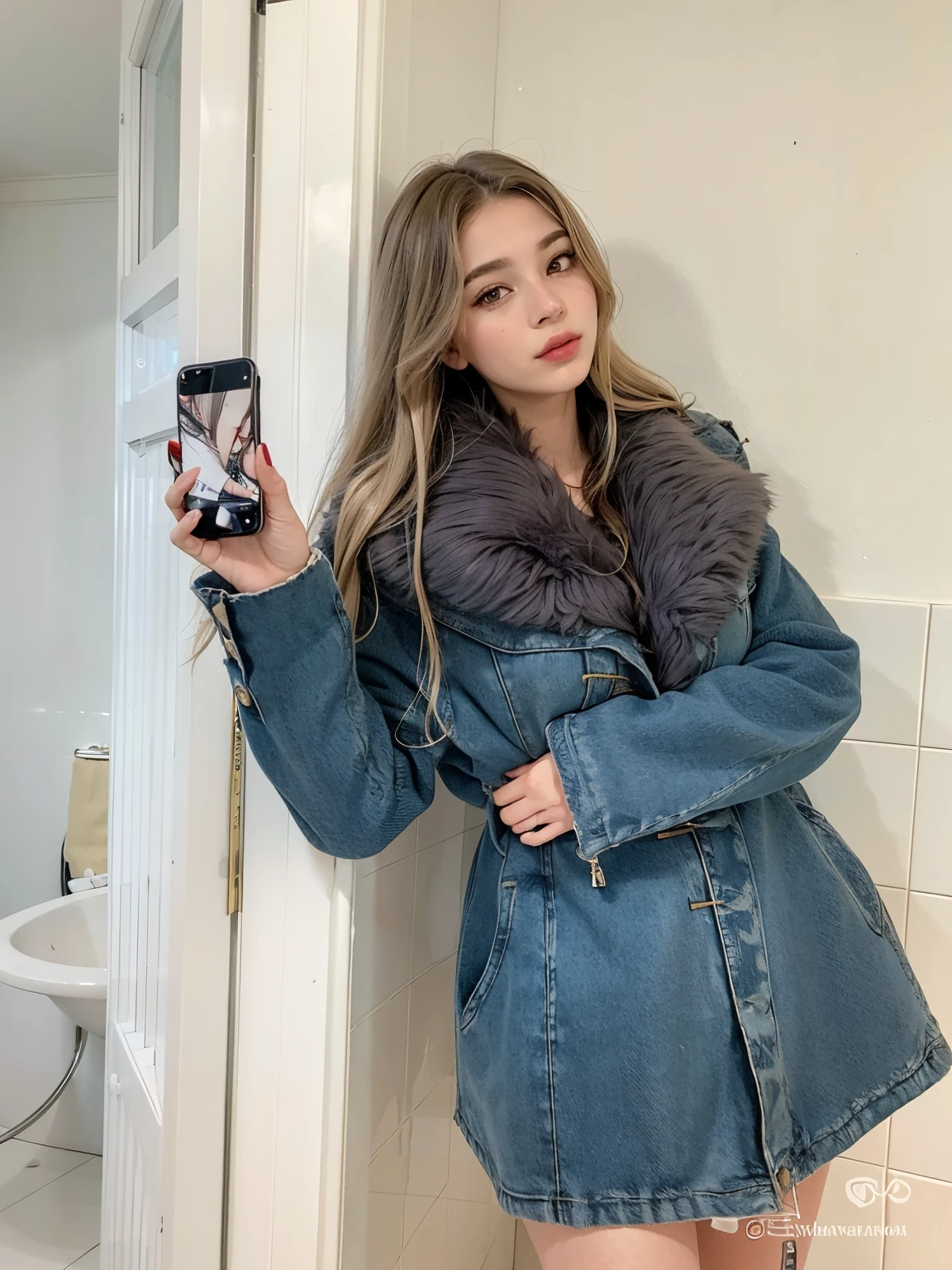 arafed woman in a denim coat taking a selfie in a bathroom, by Emma Andijewska, 2 0 2 0 fashion, style of julia razumova, selfie of a young woman, sky-blue thick fur coat, 19-year-old girl, instagram model, e - girl, e-girl, dasha taran