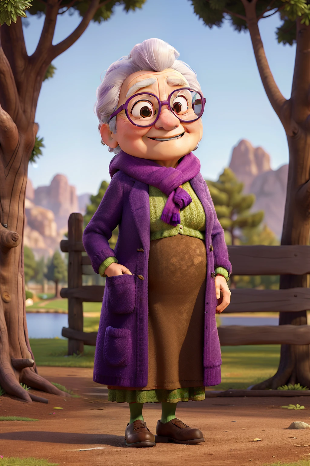 masterpiece, best quality, an old woman with glasses and a scarf on, wearing a purple coat and green scarf, standing at the park