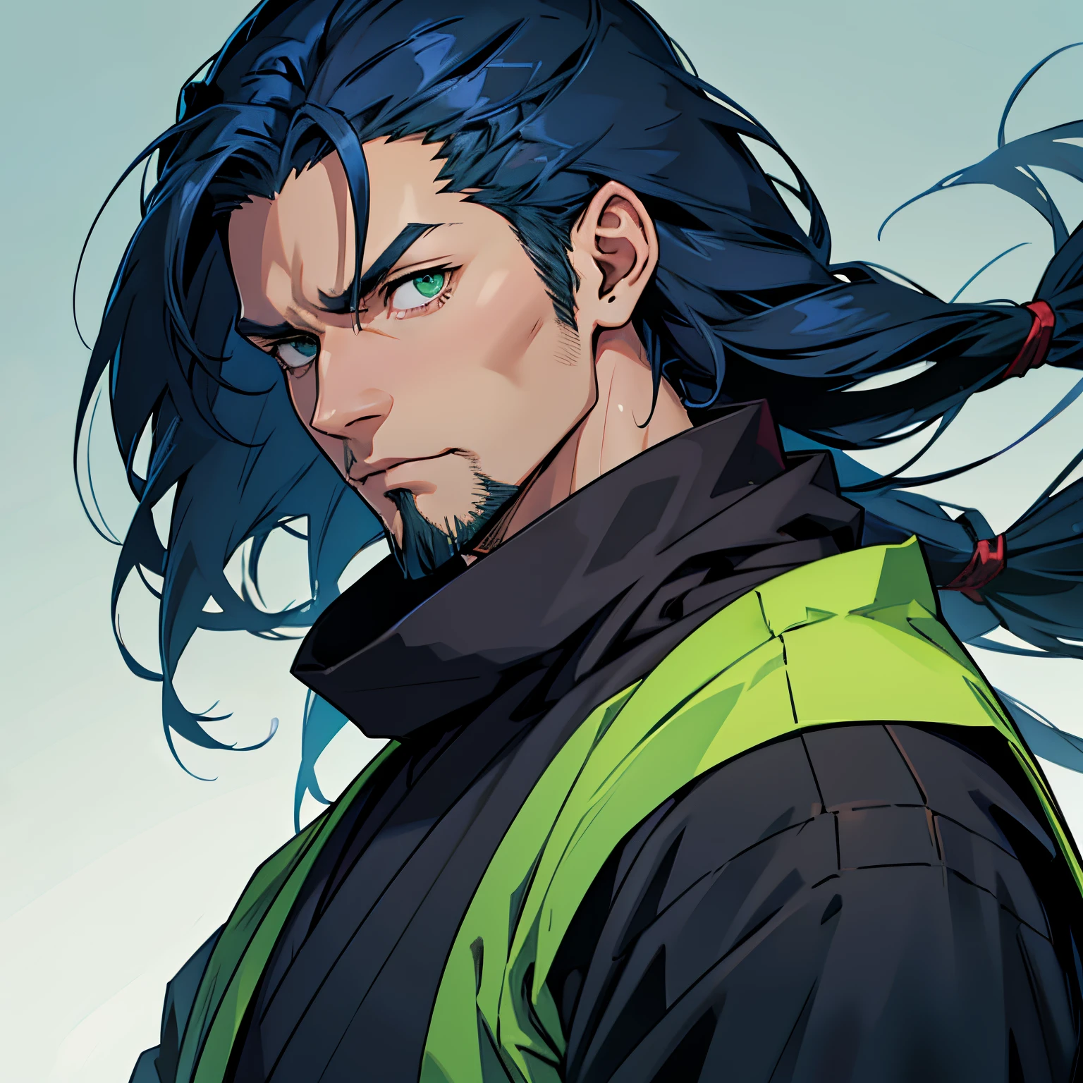 anime image of an adult man with dark blue hair and green eyes, long straight hair, stubble, 1man, solo man, male anime character, head shot, close up shot, simple background, ninja clothing, japanese clothing, dark clothing