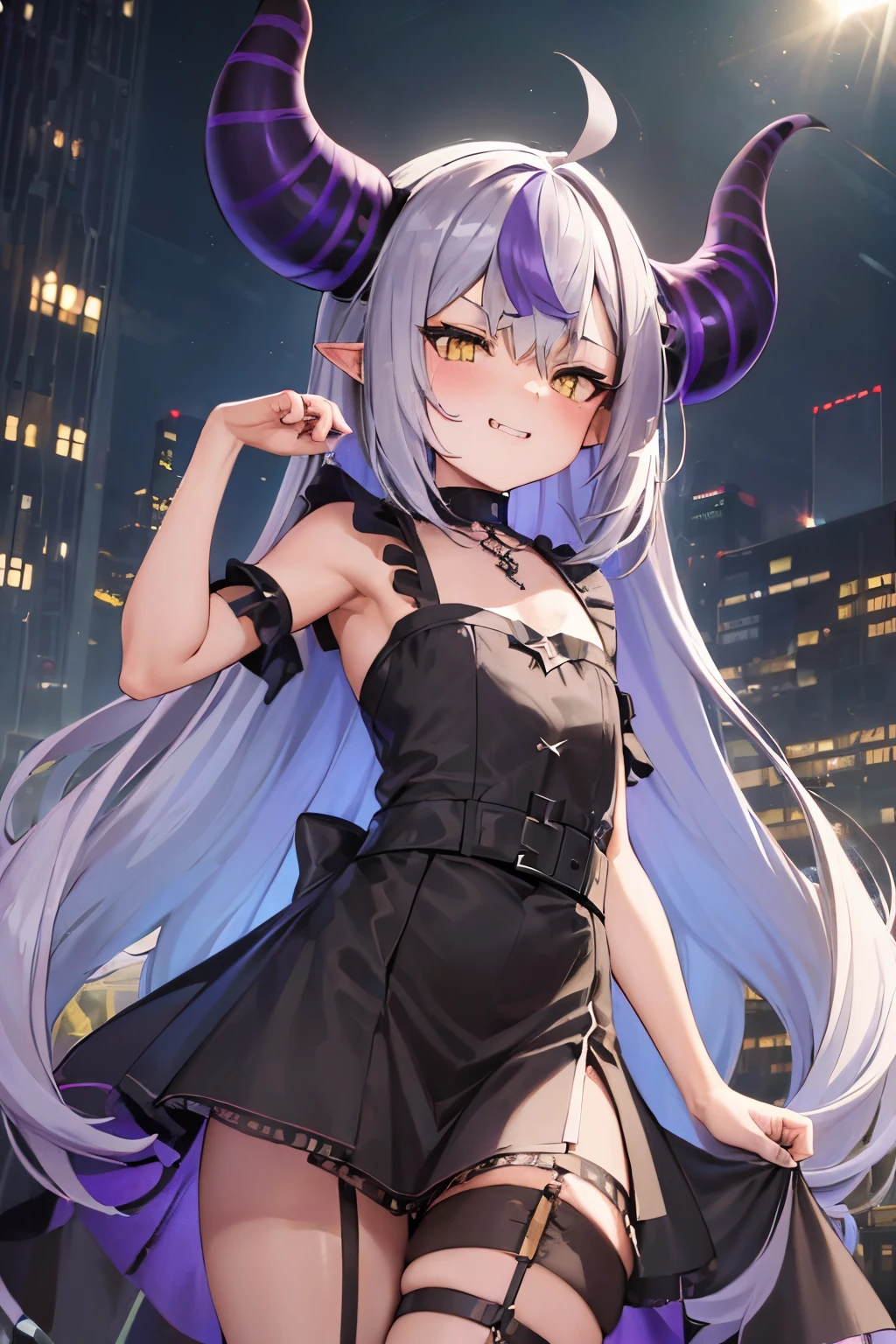 ((Laplus darkness)), ((Masterpiece)), (Professional Photography:1.2), ((best quality)), from below, (flat chest), (grin, very blush), (child), 1girl, slim, slender, silky long hair, (put on devil horns), (beautiful thigh), leaning forward, facing viewer, ((maid costume)), (cute panties), shell necklace, (place hands on lift up skirt), ((Cyberpunk)), cityscape