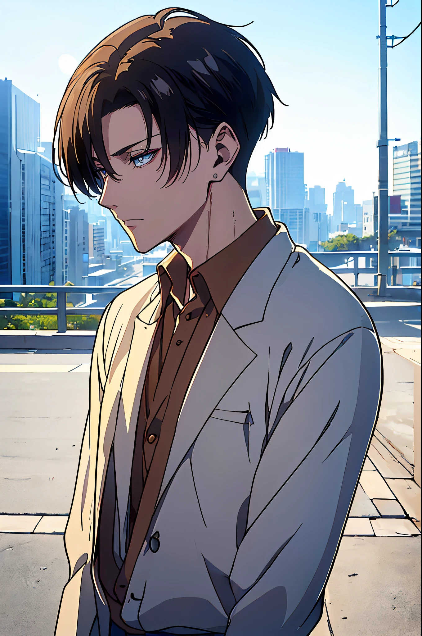 ((4K works))、​masterpiece、（top-quality)、((high-level image quality))、((One Manly Boy))、Slim body、((Attractive and sexy jeans fashion))、((Men's Fashion))、(Detailed beautiful eyes)、Late Night City、Levi Ackerman、((short hair above the ears))、((Smaller face))、((Neutral face))、((Korean boy))、((18year old))、((Handsome man))、((sings))、((Korean Makeup))、((elongated and sharp eyes))、((Like a celebrity))、Everyday photography、((Shot alone))、((Shot diagonally from the side))、((Upper body photography))、((Artist Photos))