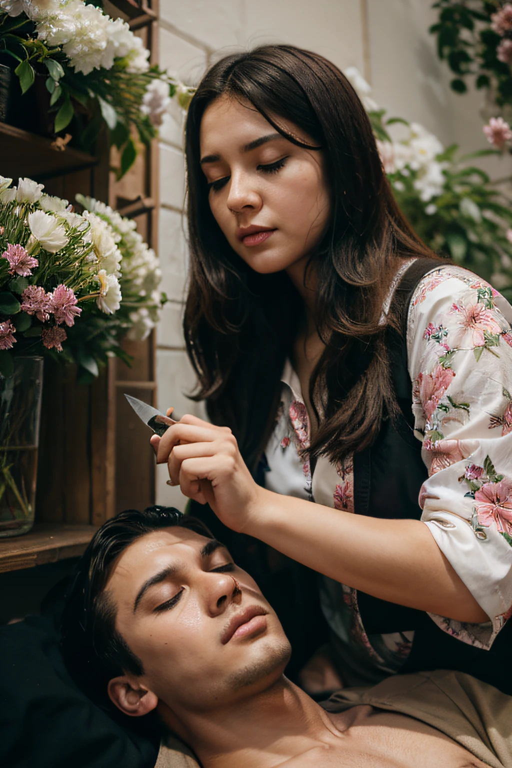 A girl holding a knife with intent to kill stands next to a man sleeping on flowers