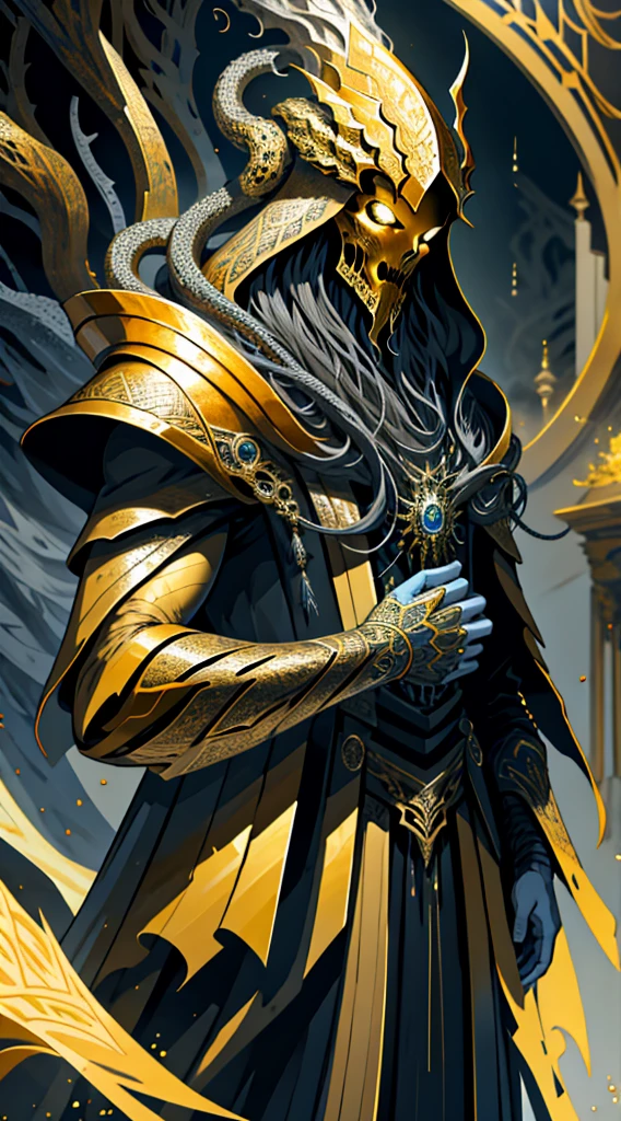 Zeus muito poderoso vestido de armadura de diamante muito brilhante segurando uma espada dourada muito brilhante e saindo raios de seu corpo e fundo amarelo