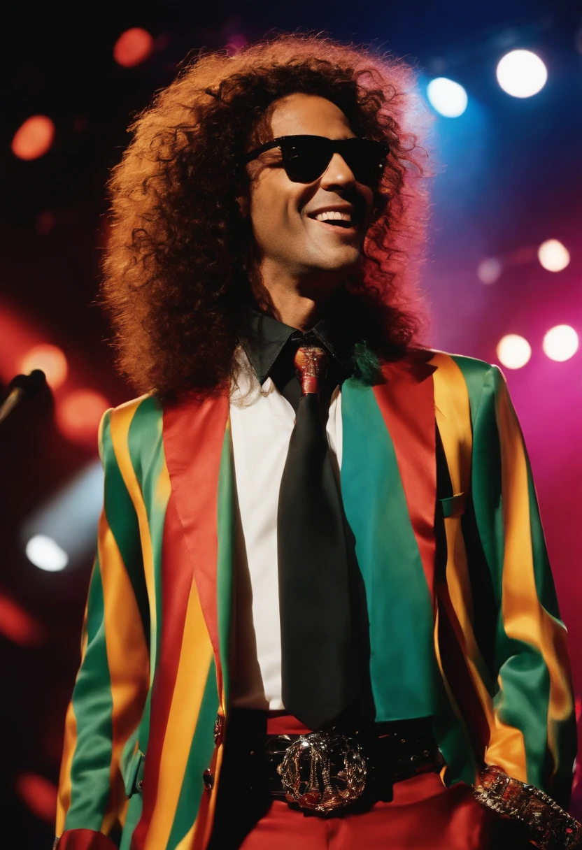 The image is of the character dressed up as a 90s stand-up comedian, performing on a colorful stage with a microphone in hand and a laughing audience in the background.,original,Howard in the 1990s, the renowned radio personality, was known for his distinctive, long curly hair that fell past his shoulders, often paired with dark sunglasses, projecting a rock star-like image. His tall, slender frame was typically clad in casual, yet stylish attire, reflecting his nonconformist attitude and presence in the entertainment world.