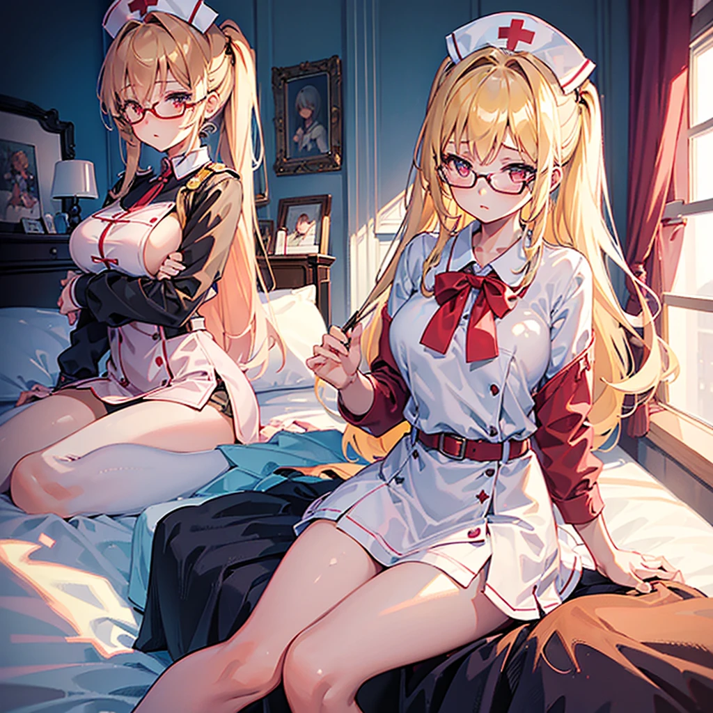 ((One girl)),((The best piece)),((masterpiece)), (ultra-detailliert), (illustratio), (detaileds), (extemely cute and beautiful), girl with, cute face, The upper part of the body, single, a miniskirt, (beautifully detailed eyes), Red Eyes, a blond,Twin-tailed,Lori,loli big boobs,nurse's outfit,nurse,a bed,bed,garterbelts,Wearing glasses,a beauty girl,Petite girl,
