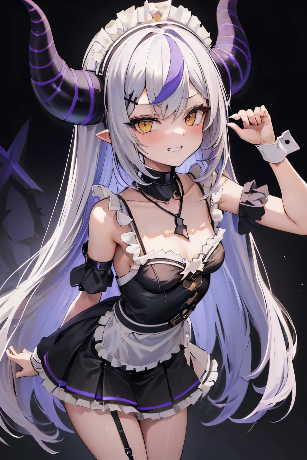 ((Laplus darkness)), ((Masterpiece)), (Professional Photography:1.2), ((best quality)), (flat chest), (grin, very blush), (), 1girl, slim, slender, silky long hair, (put on devil horns), (beautiful thigh), leaning forward, facing viewer, ((maid costume)), (cute panties), shell necklace, (place hands on lift up skirt), ((Cyberpunk)), cityscape