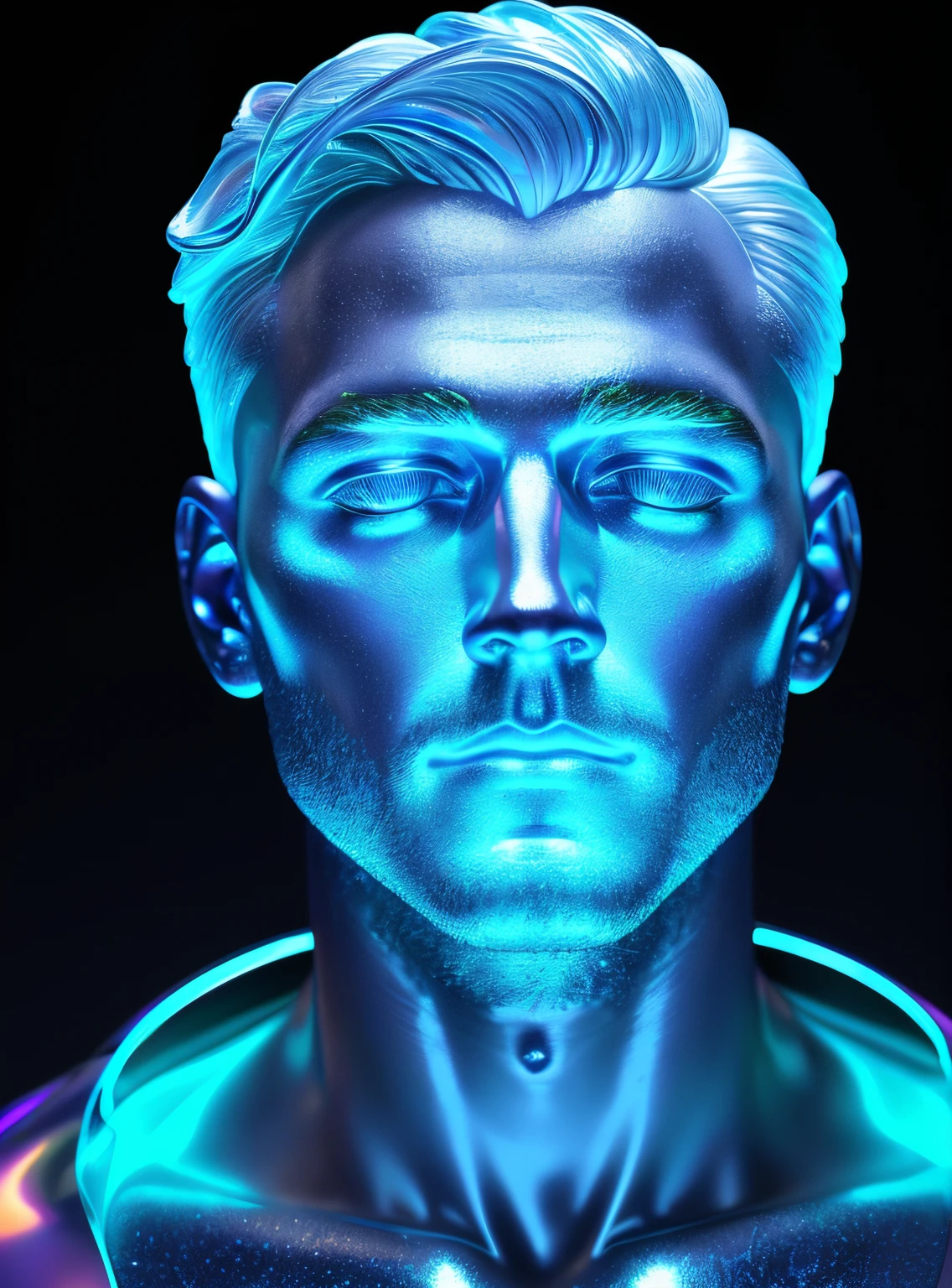 8k render of a glowing reflective iridescent male marble bust of a man, thoughtful facial expression, glowing, silver and light blue hues, 8k. iridescent. very iridescent. trending on behance
