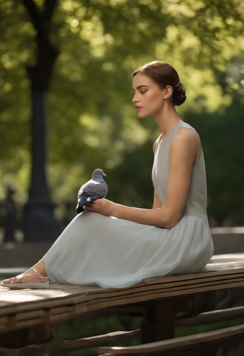 A photo of Ava sitting on a park bench, feeding pigeons with a serene expression on her face.,Ex Machina,Ava, the AI character from “Ex Machina,” possesses a striking appearance that blends human and robotic elements: a delicate, humanoid face with expressive eyes and features, set atop a transparent, mesh-like body that reveals her mechanical inner workings. This design creates a sense of otherworldly beauty and fragility, highlighting her advanced technology.