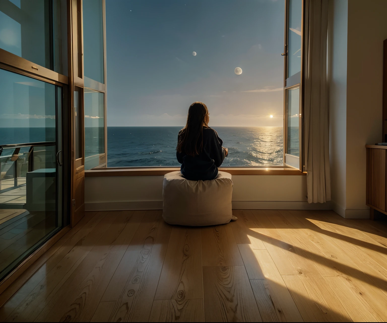 girl sitting by the window，In front of the large floor-to-ceiling windows，On the sea，A big moon emits soft light，The sea is golden