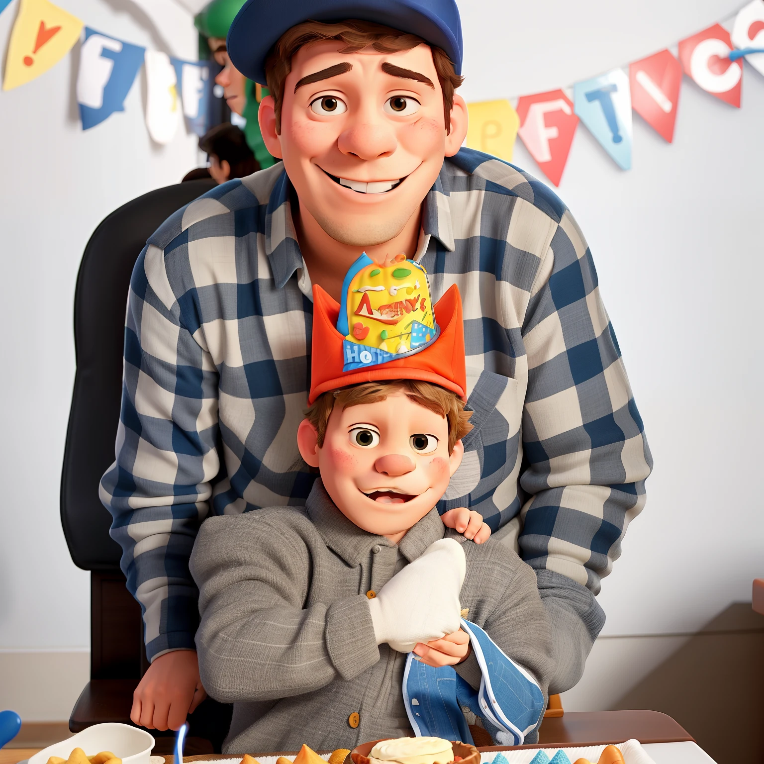Me with my son at a birthday party, He wears a birthday hat with Garfield on it.