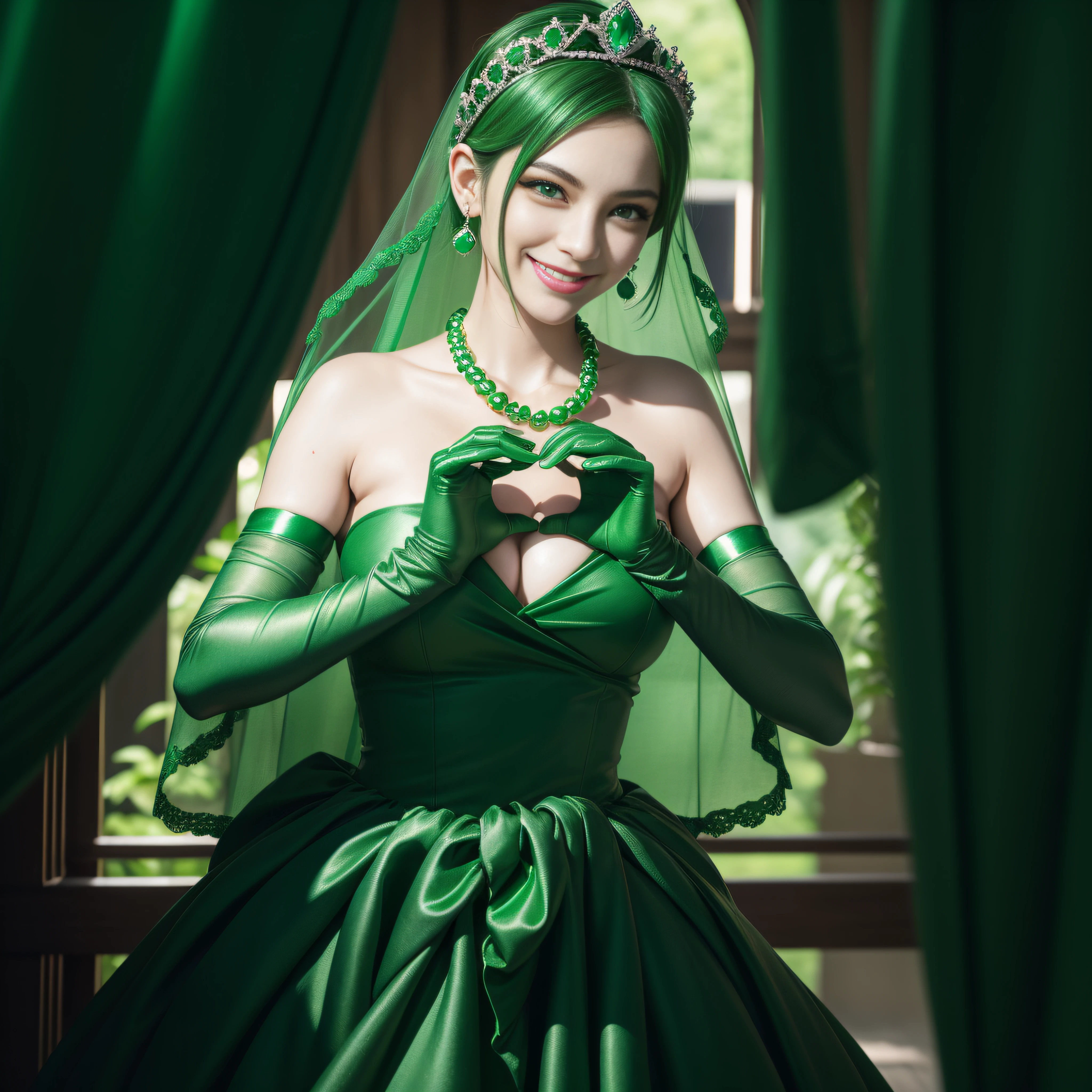 emerald tiara, Green Pearl Necklace, Boyish very short green hair, lipsticks, Japan woman smiling, very short short hair, big breasts beautiful, Green eyes, Long green gloves made of satin material, Green eyes, Emerald Earrings, green vale, Heart with both hands, Green hair
